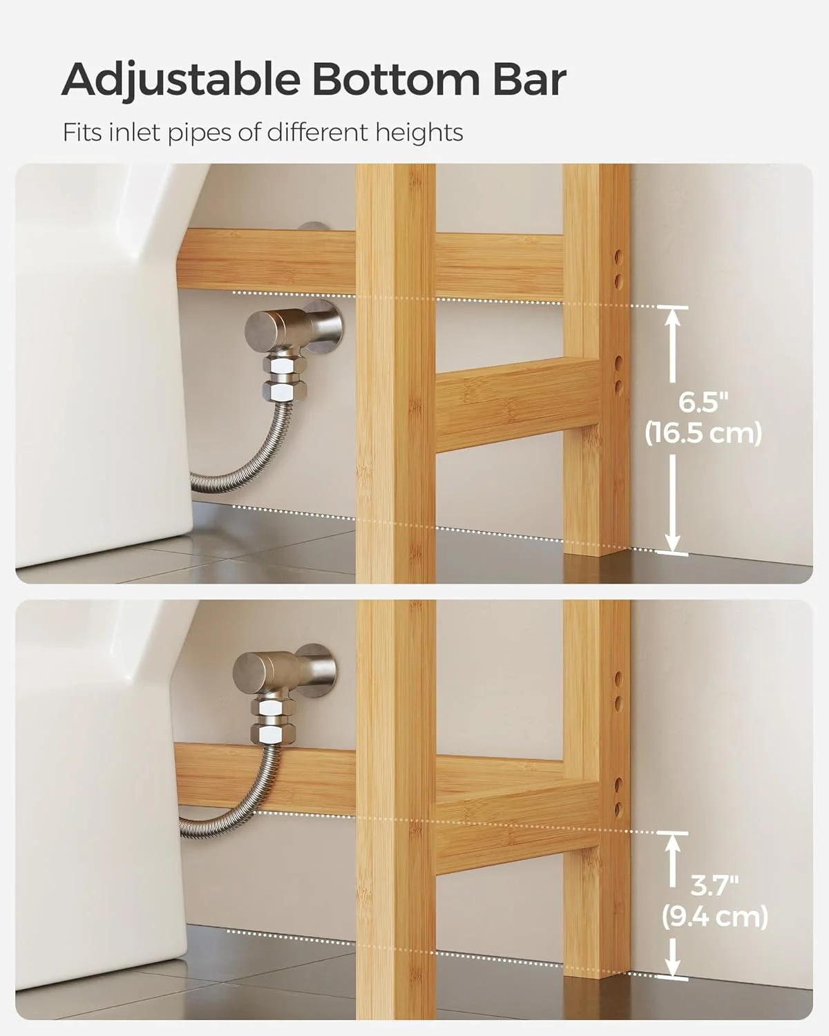 قفسه توالت SONGMICS BTS001N01، قفسه حمام، قفسه ماشین لباسشویی، قفسه حمام بامبو 3 طبقه، ظرفیت بار استاتیک قابل تنظیم 15 کیلوگرم در هر طبقه، مونتاژ آسان، طبیعی