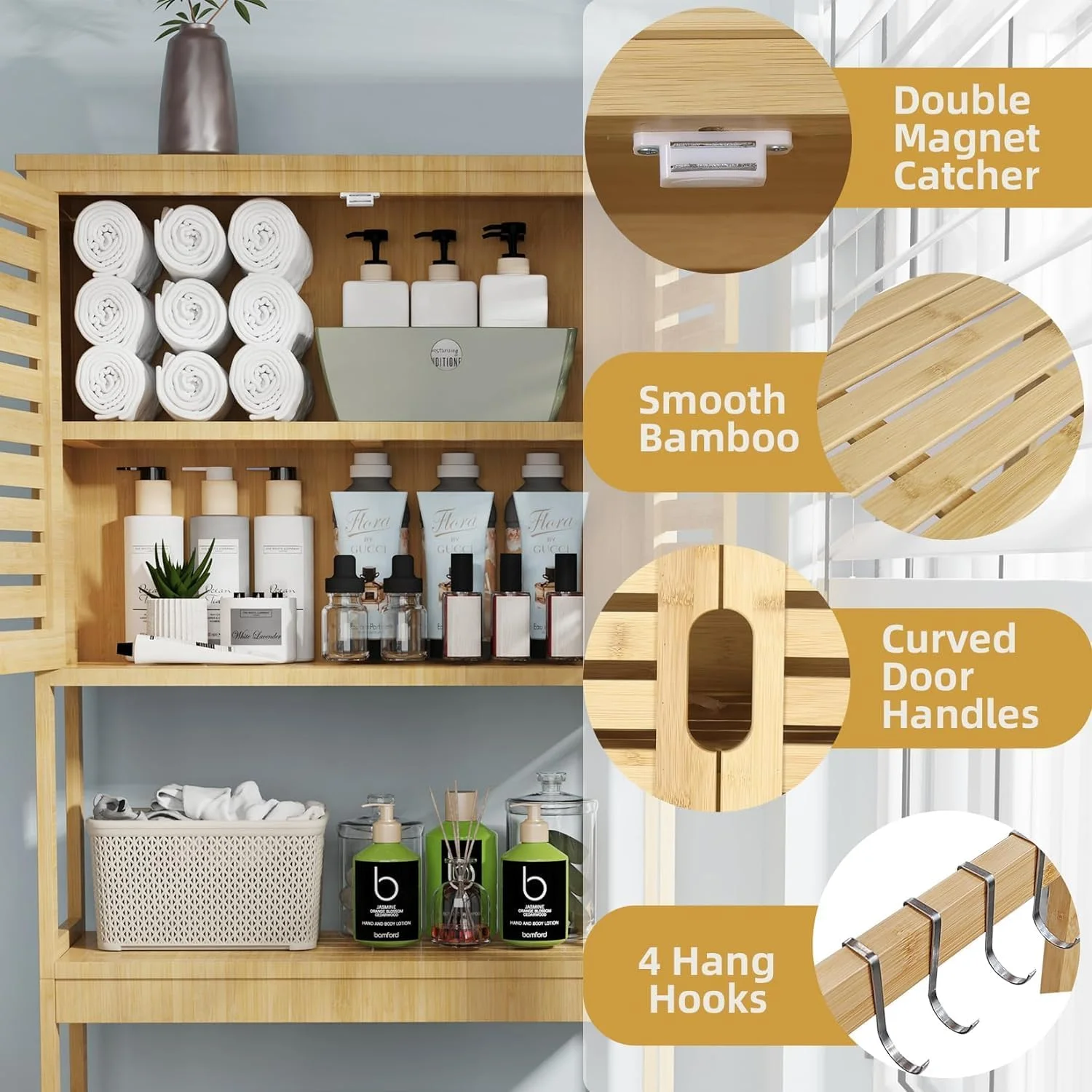 کابینت بالای توالت Medla: قفسه بامبو 2 طبقه بالای توالت، قفسه سازمان دهنده ماشین لباسشویی زمینی با کابینت، واحد قفسه بندی مستقل، قفسه ذخیره سازی حمام 63x27x174 سانتی متر کابینت بالای توالت Medla: قفسه بامبو 2 طبقه بالای توالت، قفسه سازمان دهنده ماشین لباسشویی زمینی با کابینت، واحد قفسه بندی مستقل، قفسه ذخیره سازی حمام 63x27x174 سانتی متر