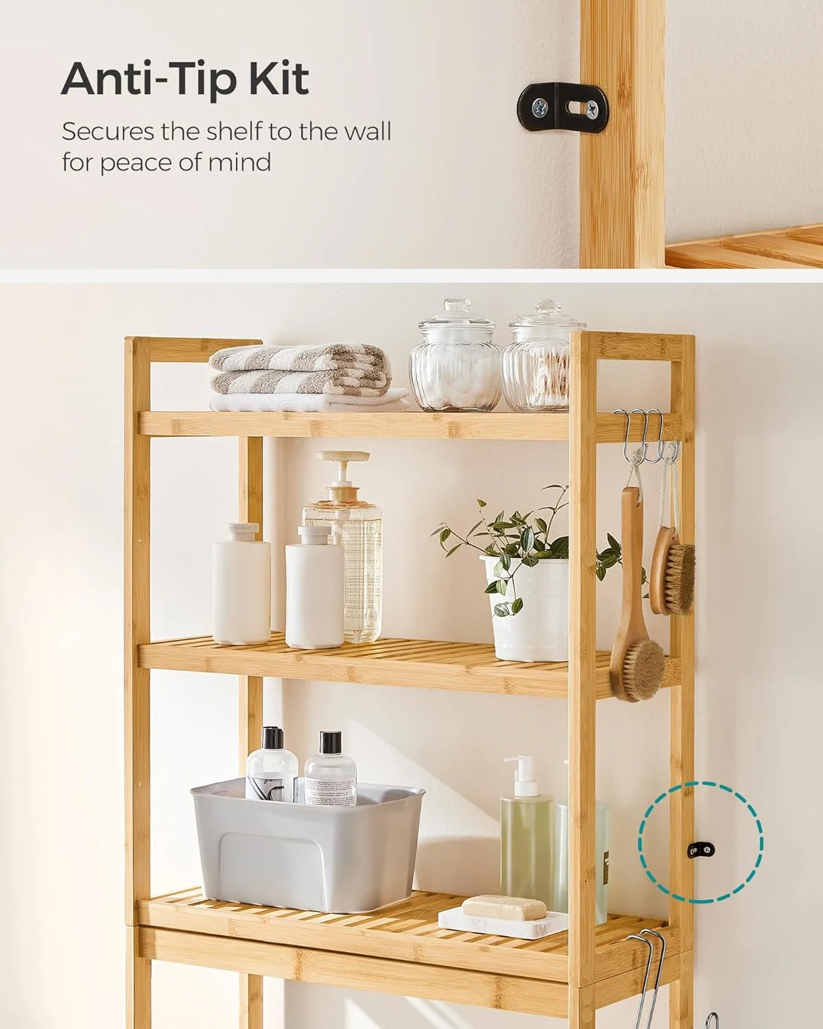 قفسه توالت SONGMICS BTS001N01، قفسه حمام، قفسه ماشین لباسشویی، قفسه حمام بامبو 3 طبقه، ظرفیت بار استاتیک قابل تنظیم 15 کیلوگرم در هر طبقه، مونتاژ آسان، طبیعی