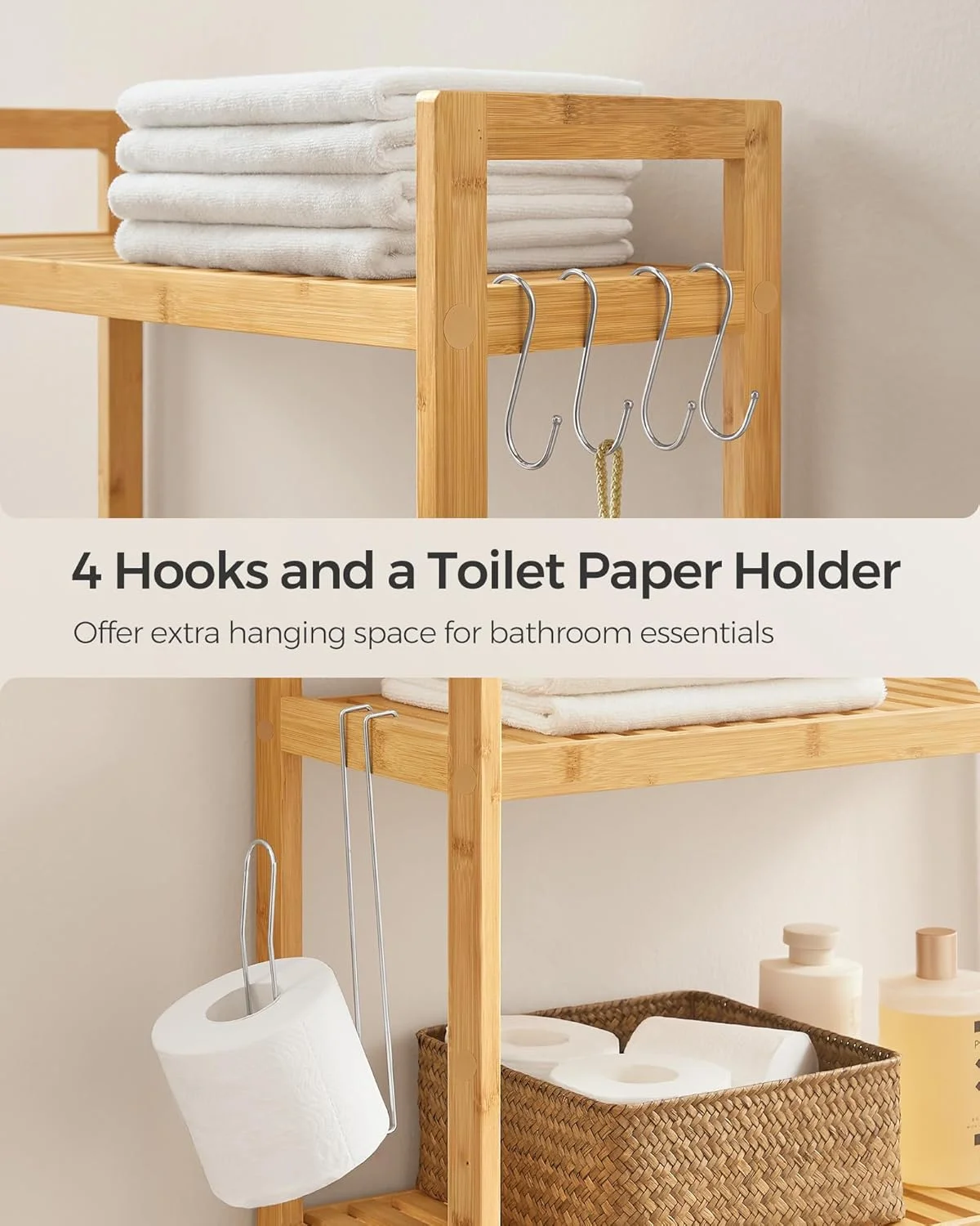قفسه توالت SONGMICS BTS001N01، قفسه حمام، قفسه ماشین لباسشویی، قفسه حمام بامبو 3 طبقه، ظرفیت بار استاتیک قابل تنظیم 15 کیلوگرم در هر طبقه، مونتاژ آسان، طبیعی