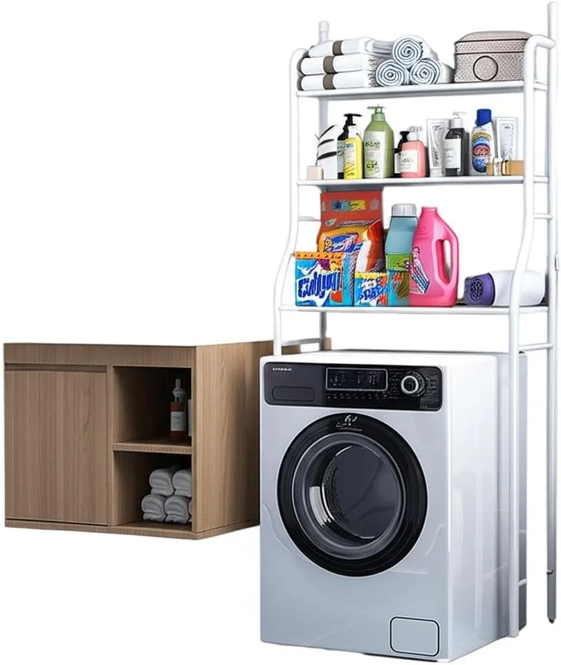 قفسه حمام 3 طبقه Abk point، سازمان دهنده و محل نگهداری لوازم بهداشتی - قفسه کوچک کابینتی، شامل قاب کاغذی و 4 قلاب (سفید) (1، مستطیلی)