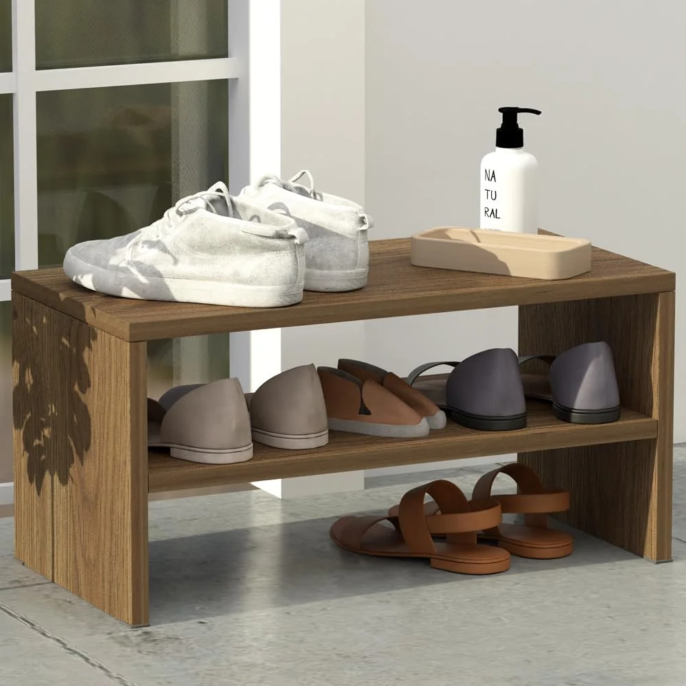 جاکفشی 2 طبقه قابل انباشت Mahmayi، قفسه چوبی 2 طبقه برای سازماندهی و نگهداری کفش در ورودی، راهرو، حمام و اتاق نشیمن - Zabrano