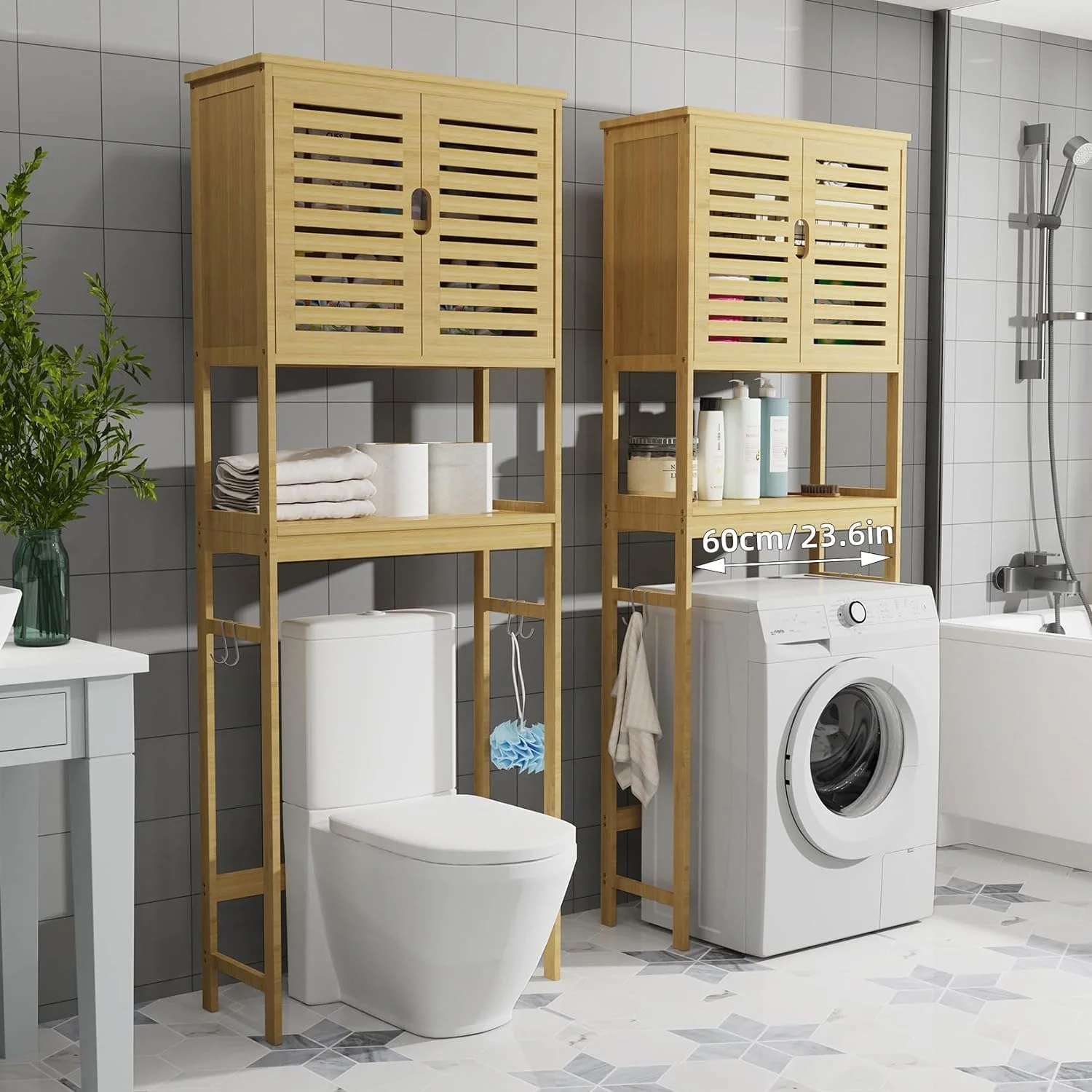 کابینت بالای توالت Medla: قفسه بامبو 2 طبقه بالای توالت، قفسه سازمان دهنده ماشین لباسشویی زمینی با کابینت، واحد قفسه بندی مستقل، قفسه ذخیره سازی حمام 63x27x174 سانتی متر