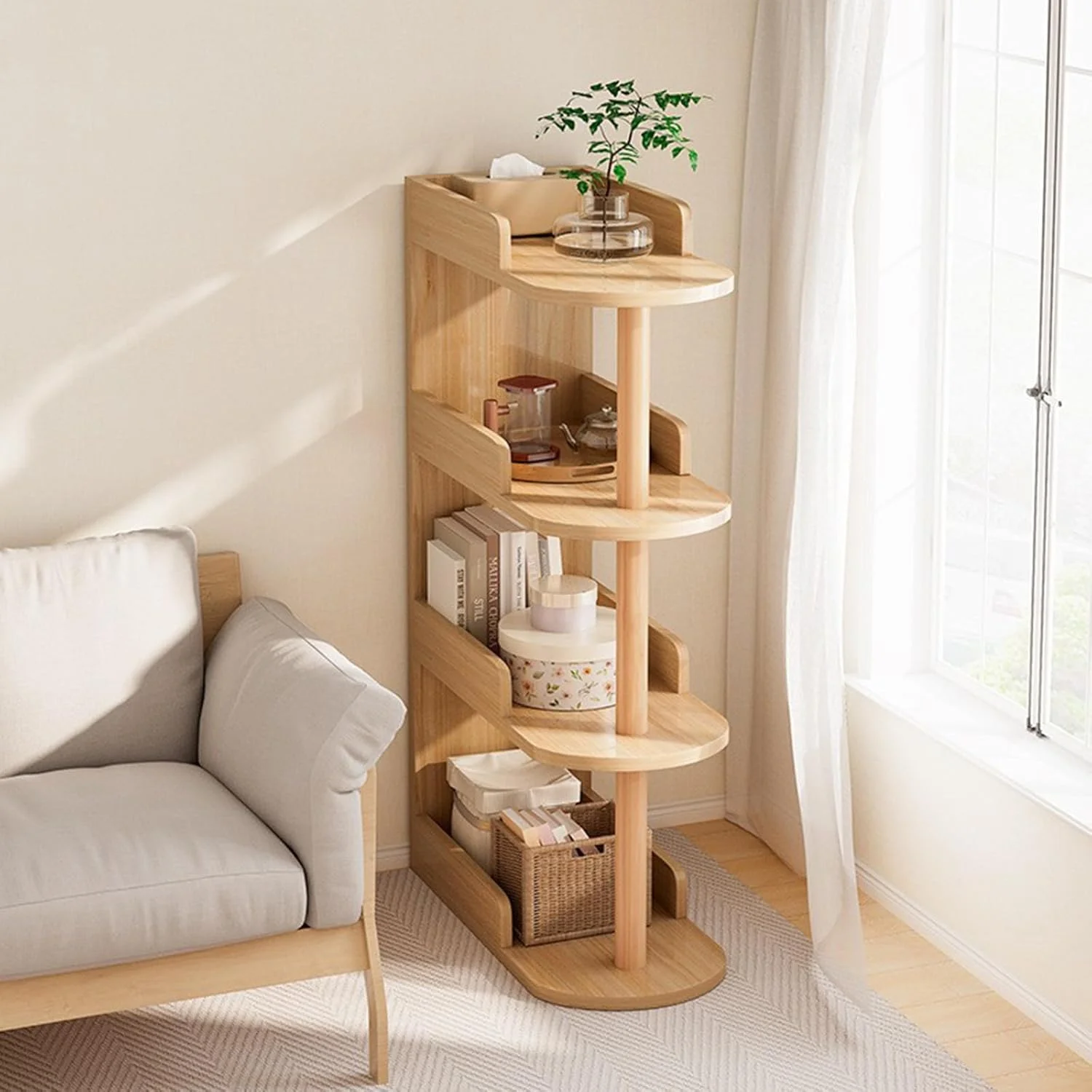 کتابخانه 4 طبقه ROUNY، قفسه کتاب چوبی ایستاده باریک، قفسه سازمان دهنده کتاب، سازمان دهنده ذخیره سازی کتاب گوشه دیواری برای ذخیره سازی باز، نمایش و سازماندهی کتاب در اتاق نشیمن (طرح چوب)