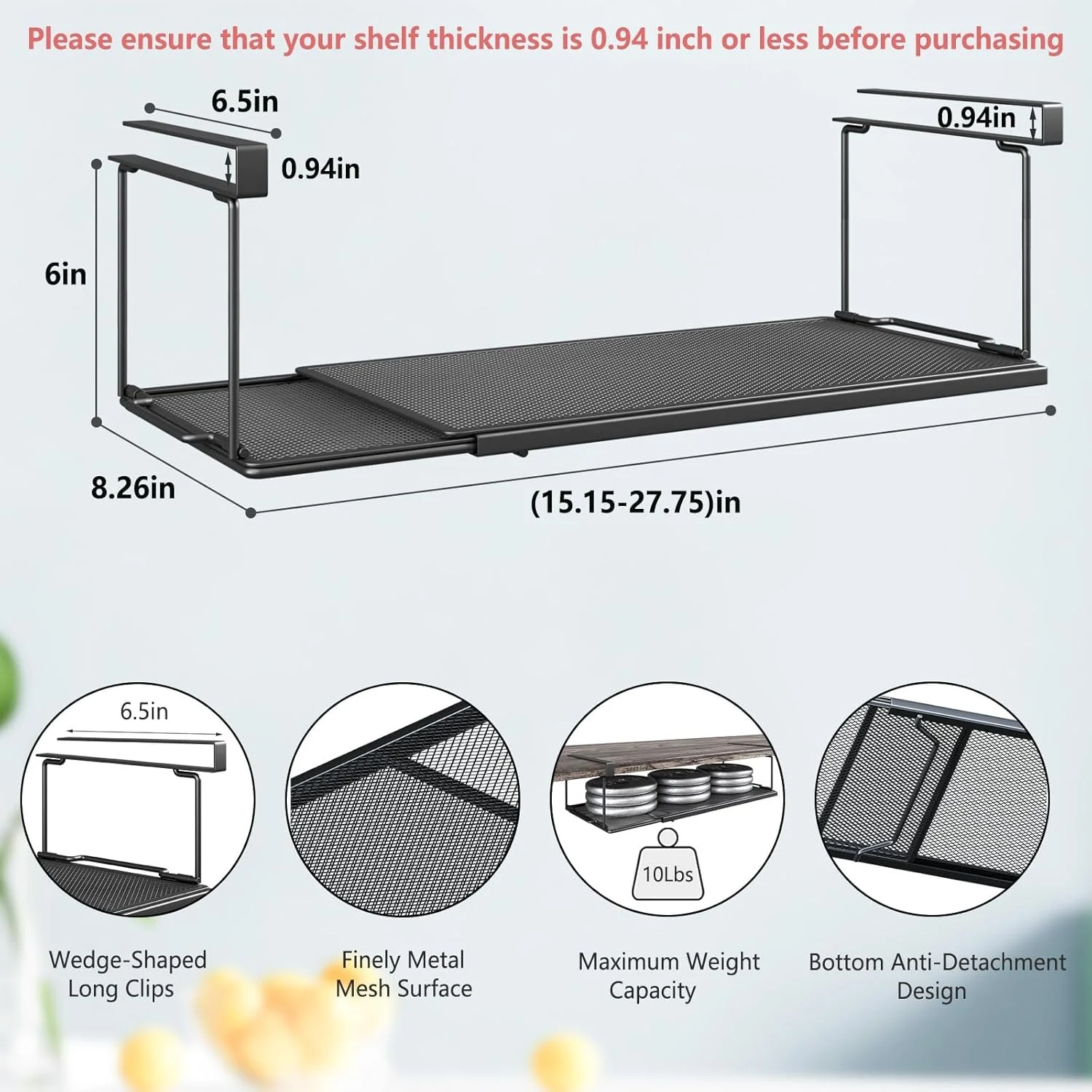 شلف زیر کابینتی تلسکوپی WESTCH، قفسه زیرین قابل گسترش با گیره های 6.5 اینچی برای قفسه کفش، کابینت انباری، اتاق لباسشویی (مشکی)