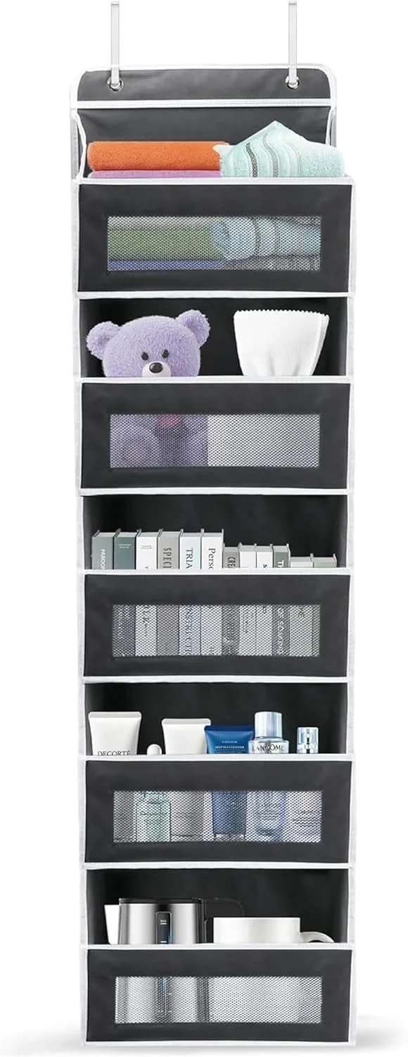 ارگانایزر آویز پشت دری سنگین BRISEED™ ابعاد 146x40x17 سانتی متر (خاکستری)، دارای 5 محفظه بزرگ با پنجره های توری و 5 جیب جانبی، ارگانایزر آویز درب کمد برای اتاق خواب، حمام و نگهداری وسایل کودک