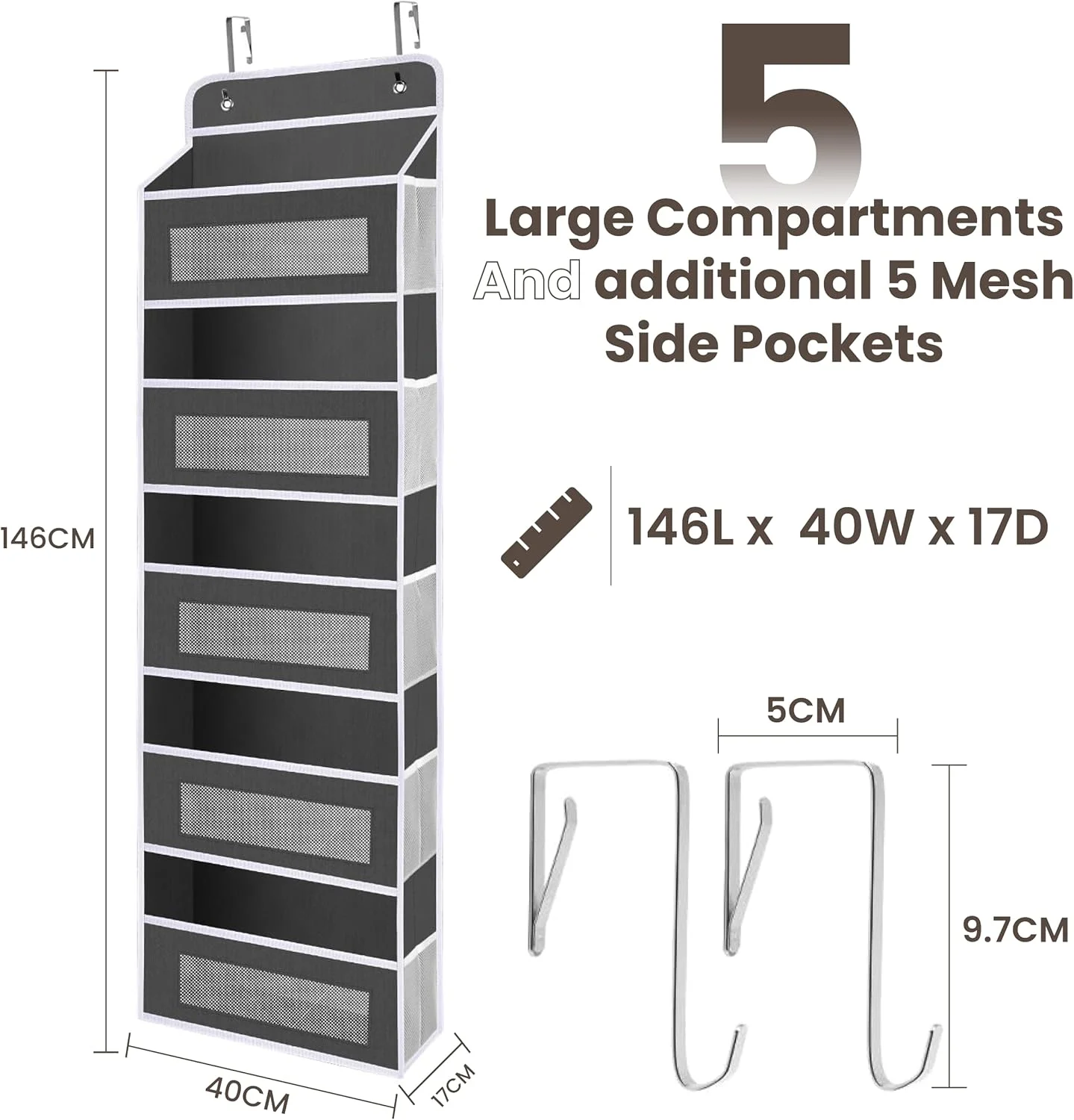 ارگانایزر آویز پشت دری سنگین BRISEED™ ابعاد 146x40x17 سانتی متر (خاکستری)، دارای 5 محفظه بزرگ با پنجره های توری و 5 جیب جانبی، ارگانایزر آویز درب کمد برای اتاق خواب، حمام و نگهداری وسایل کودک ارگانایزر آویز پشت دری سنگین BRISEED™ ابعاد 146x40x17 سانتی متر (خاکستری)، دارای 5 محفظه بزرگ با پنجره های توری و 5 جیب جانبی، ارگانایزر آویز درب کمد برای اتاق خواب، حمام و نگهداری وسایل کودک