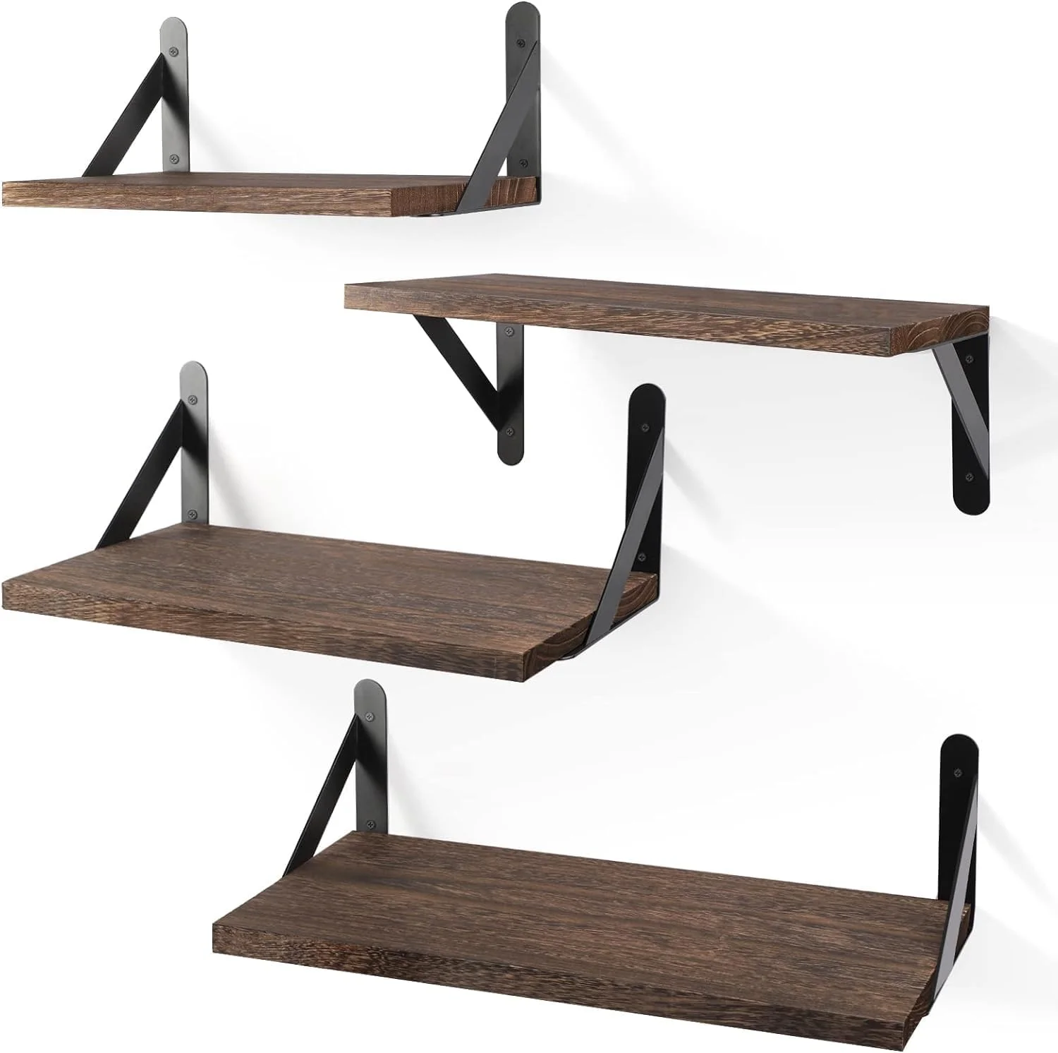 شلف شناور Skade، قفسه ذخیره سازی دکوراسیون دیواری چوبی روستایی، 4 مجموعه قفسه دیواری برای دکوراسیون حمام، اتاق خواب، اتاق نشیمن و گیاهان (قهوه ای کربنیزه)