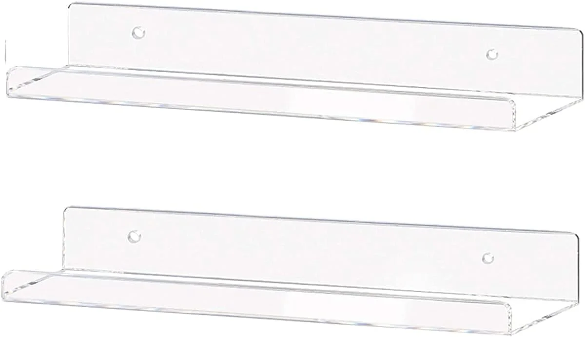 قفسه اکریلیک شفاف KASTWAVE، قفسه دیواری شناور نامرئی، سازمان دهنده قفسه کتاب، قفسه نمایش کتاب نصب شده روی دیوار (بسته 2 عددی 15 اینچی)