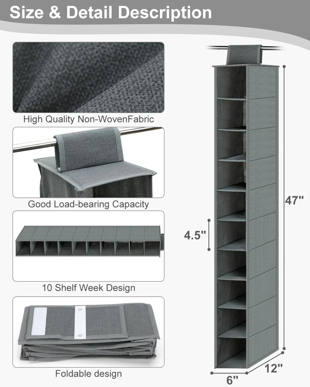 آویز نظم دهنده کفش 10 طبقه، قفسه های آویز برای سازمان دهنده های کمد و سیستم ذخیره سازی، طراحی تاشو، برای کمد لباس، سازماندهی و ذخیره سازی لباس کودک (خاکستری)