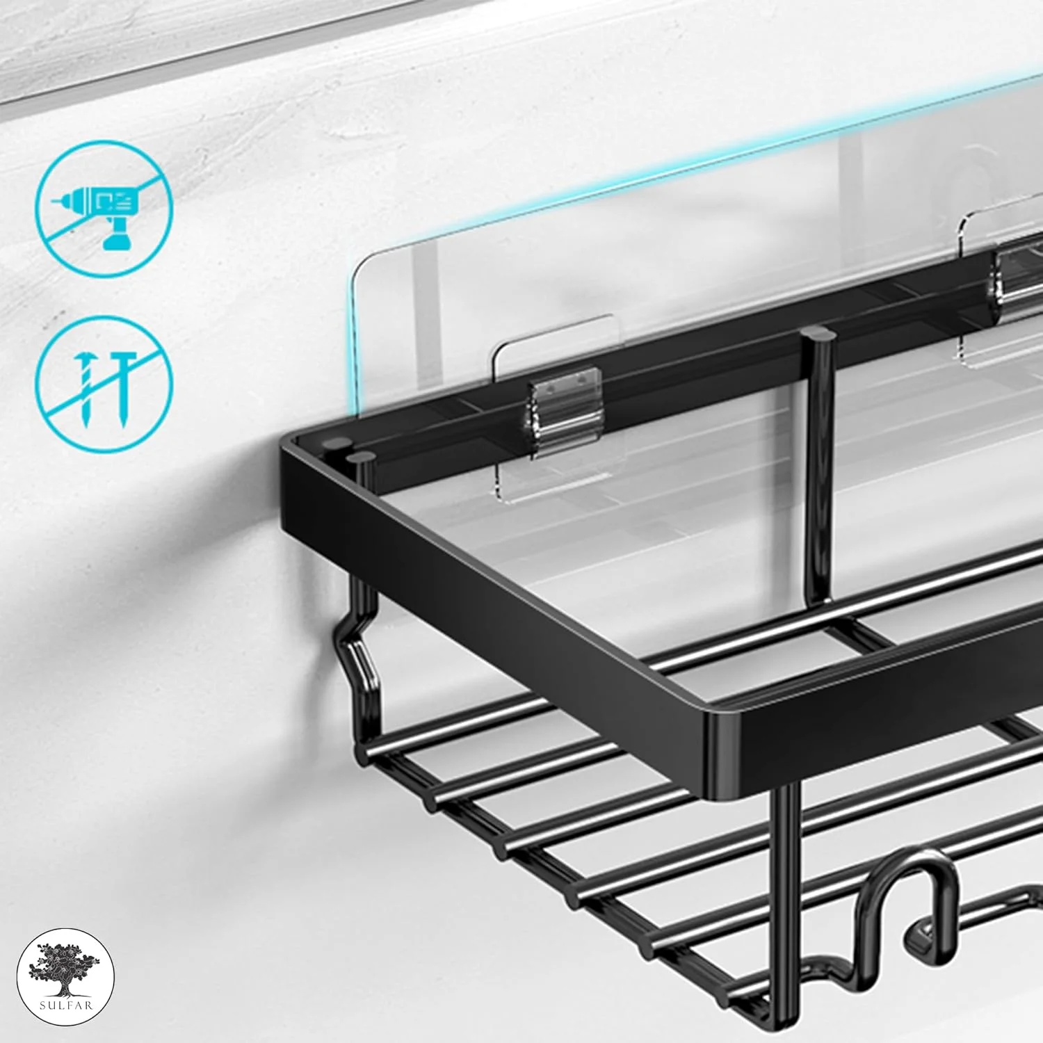 قفسه حمام سولفار برای سازماندهی شامپو با قفسه چسبی، قفسه حمام چسبی خود چسب، سازمان دهنده ذخیره سازی دیواری برای آشپزخانه و حمام (بسته 2 عددی) مشکی