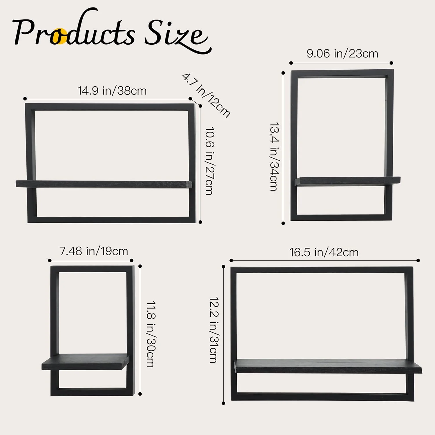 قفسه های شناور مربعی PHOENANCEE، مجموعه 4 عددی قفسه دیواری قاب دار تزئینی، نمایشگر آویز گیاهان مدرن دکور هنری ذخیره سازی برای اتاق نشیمن اتاق خواب حمام خانه مزرعه، چوب روشن خانگی (مشکی)