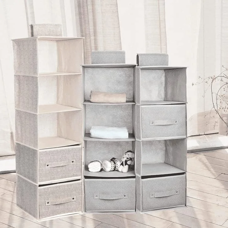 ارگانایزر کمد آویز، جعبه ذخیره سازی قفسه های تاشو کمد آویز برای لباس، جوراب، لباس زیر، کلاه، شلوار جین، حوله، ژاکت، در اتاق خواب، خوابگاه (5 طبقه + 2 کشو، بژ)