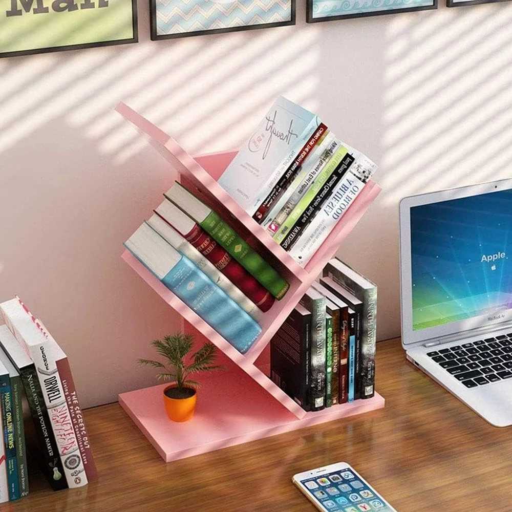 قفسه کتاب درختی، قفسه کتاب 3 طبقه، قفسه ایستاده چوبی برای نگهداری کتاب، قفسه نمایشگر چوبی برای سی دی/مجله/کتاب در دفتر کار، خانه، مدرسه، اتاق نشیمن (صورتی)