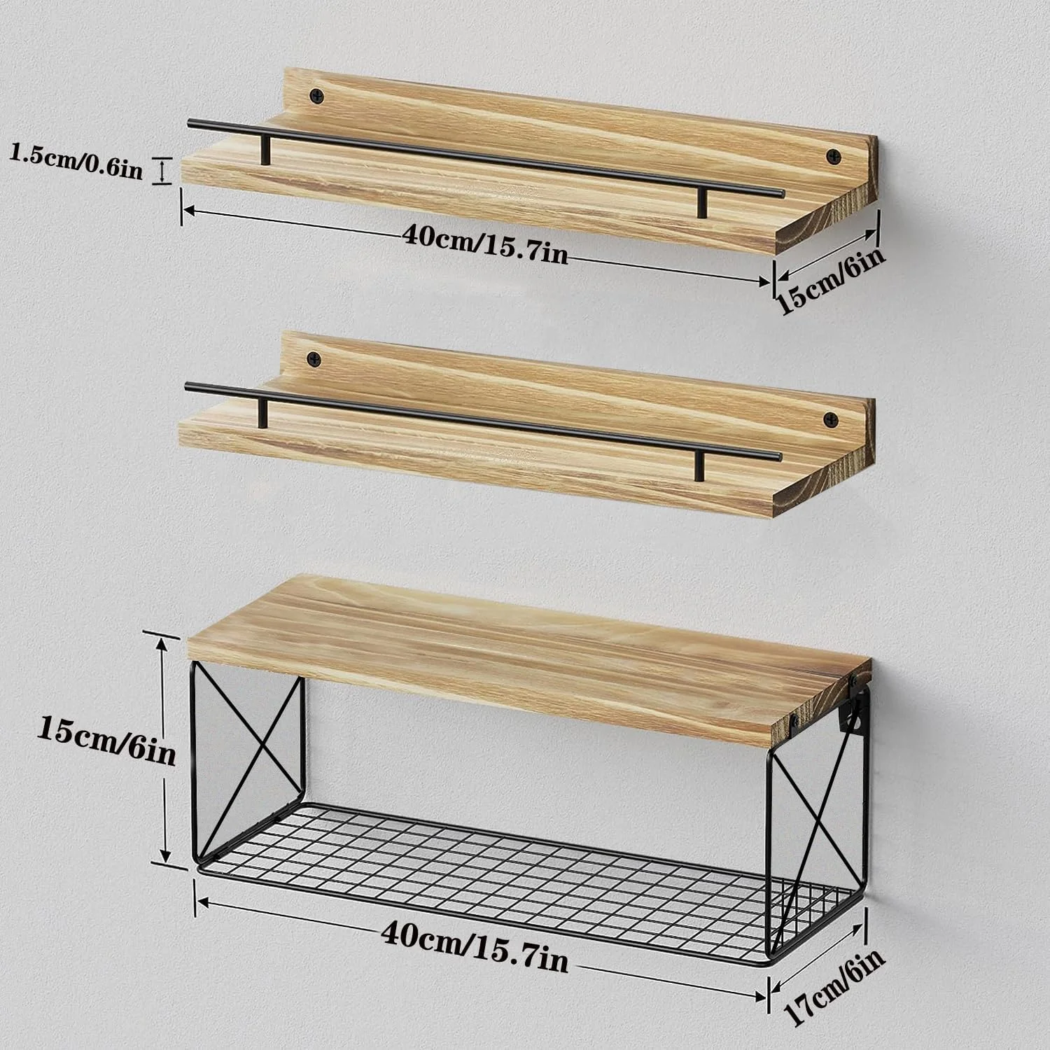 قفسه های حمام Hoiicco با نرده محافظ فلزی، قفسه های شناور چوبی بالای توالت با سبد ذخیره سازی سیمی، قفسه های دیواری شناور برای اتاق خواب، اتاق نشیمن، آشپزخانه و حمام - قهوه ای روشن