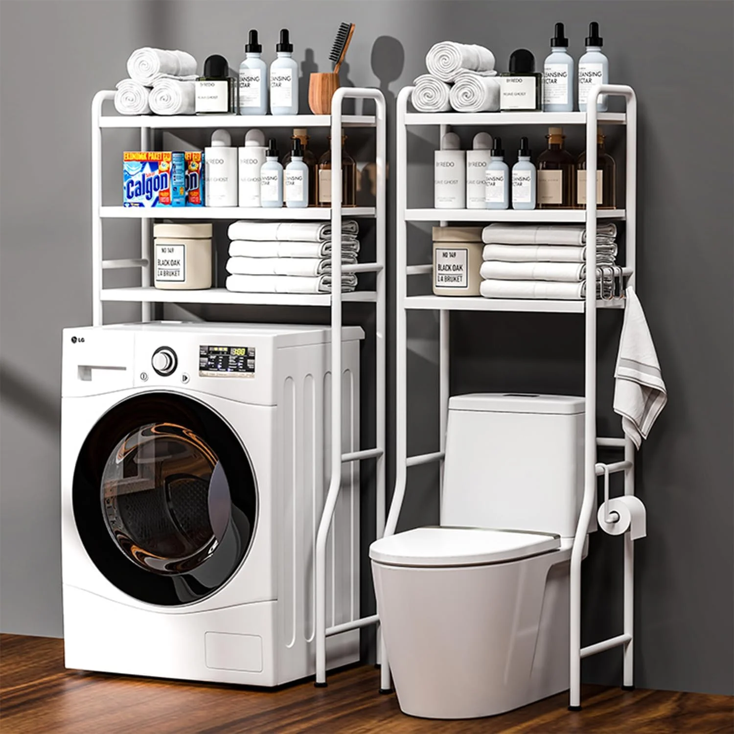 قفسه 3 طبقه بالای توالت، قفسه فلزی ذخیره سازی حمام، یک قاب کاغذی و 4 قلاب، یک قفسه ذخیره سازی عمودی حمام صرفه جویی در فضا (سفید)