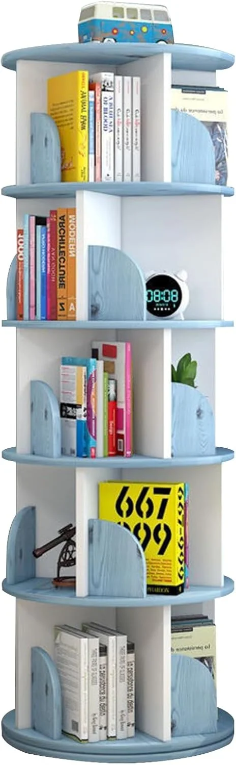 کتابخانه چند لایه چرخان 360 درجه DAYONG، قفسه کتاب ایستاده با ظرفیت بالا، قفسه گوشه ای برای نگهداری در اتاق نشیمن، اتاق خواب، مطالعه و دفتر کار (آبی)