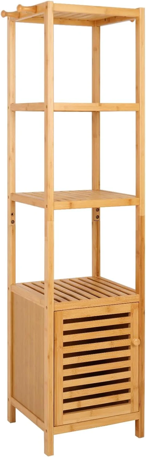 کابینت ایستاده بامبو Medla برای حمام: قفسه 4 طبقه چند منظوره، قفسه حمام، قفسه طبیعی، قفسه گوشه ای برج آزاد برای آشپزخانه، اتاق نشیمن، اتاق خواب