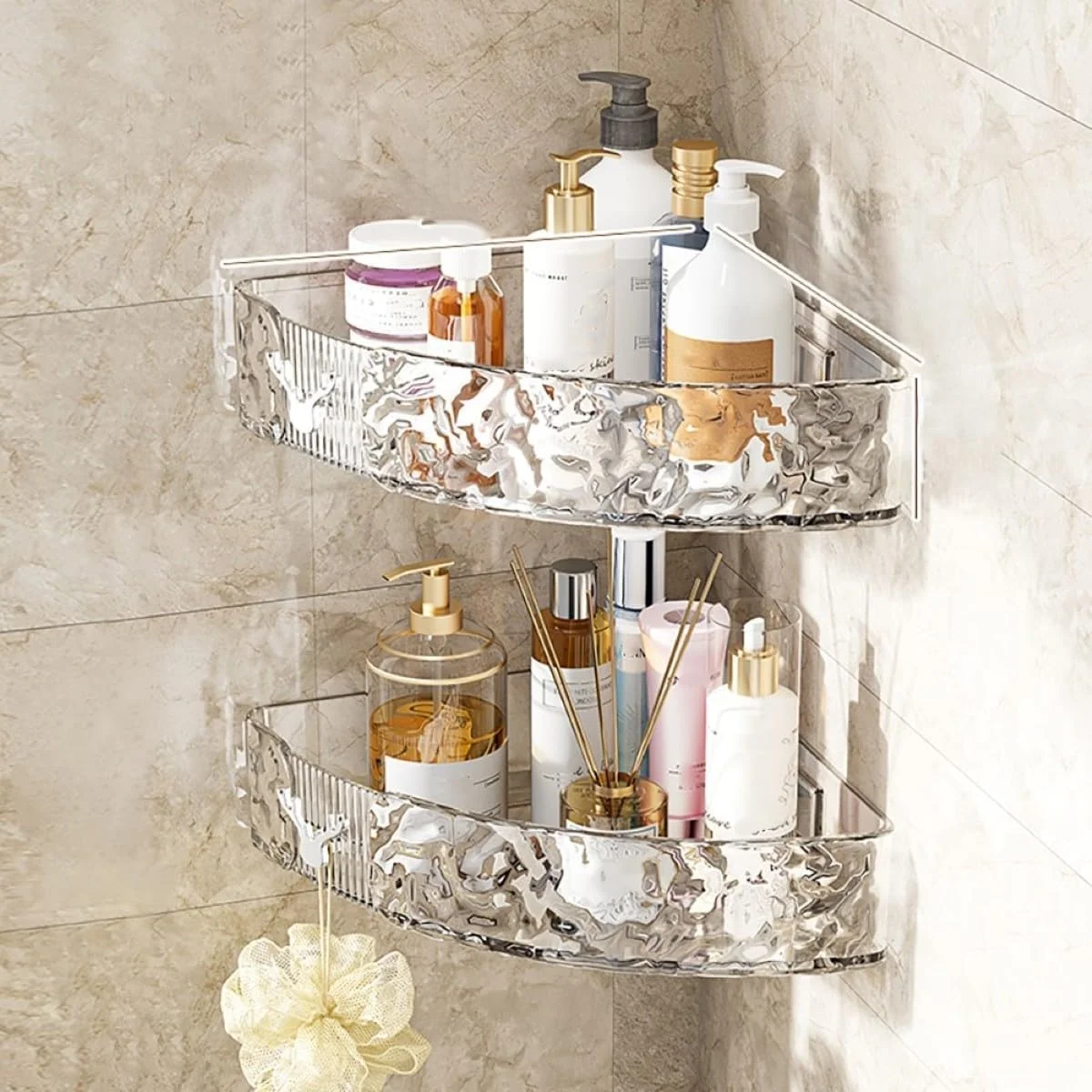 قفسه شاور کدی 2 عددی UrbanEssentia - سازمان دهنده و قفسه حمام چسبی بدون نیاز به سوراخ کاری، مجموعه قفسه گوشه ای حمام برای لوازم بهداشتی، لوازم جانبی ضد زنگ حمام (سفید شفاف)