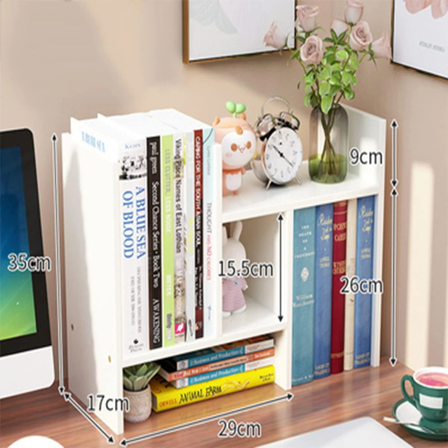 قفسه کتاب رومیزی RODASON، قفسه نمایشگر چوبی قابل تنظیم، قفسه کتاب پیشخوان، قفسه ذخیره سازی اداری - قفسه ایستاده طبیعی نمایشگر سبک آزاد (سفید)