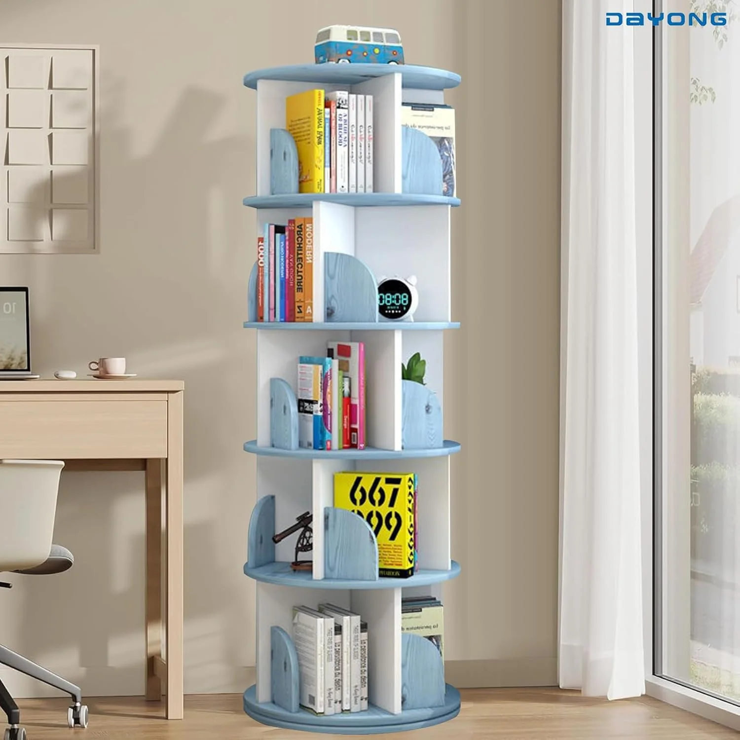 قفسه کتاب چند لایه چرخان 360 درجه DAYONG، قفسه کتاب ایستاده با ظرفیت بالا، قفسه گوشه ای برای نگهداری در اتاق نشیمن، اتاق خواب، مطالعه و دفتر کار (آبی)