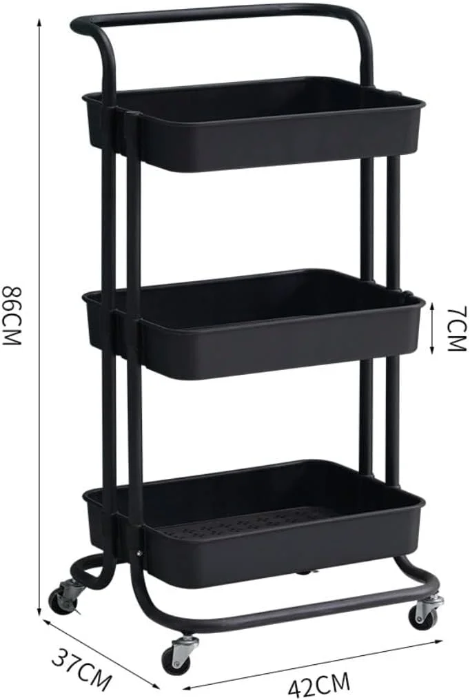 چرخ دستی سه طبقه چند منظوره Peng General با دسته و چرخ های قفل شونده، مونتاژ آسان برای آشپزخانه، حمام، دفتر، اتاق خواب (مشکی A)