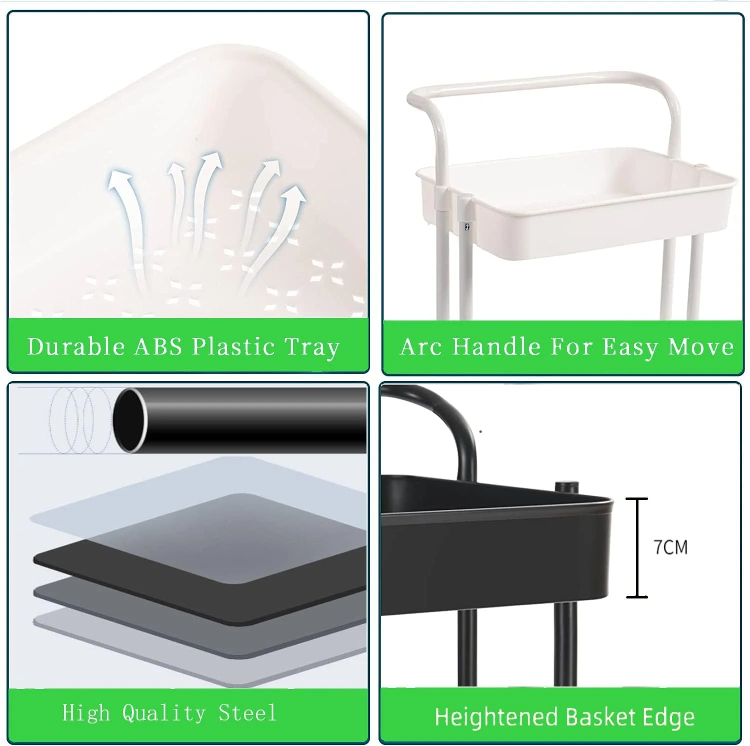 چرخ دستی سه طبقه چند منظوره Peng General با دسته و چرخ های قفل شونده، مونتاژ آسان برای آشپزخانه، حمام، دفتر، اتاق خواب (مشکی A)