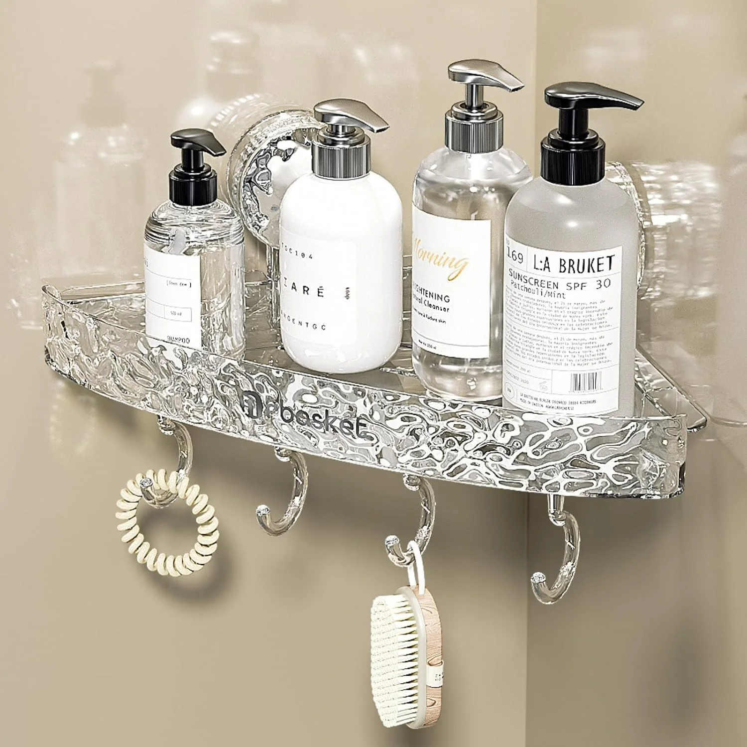 قفسه کنجی و قفسه دیواری بدون نیاز به دریل - سازمان دهنده ضد آب قفسه دوش، قفسه حمام مدرن قابل جابجایی با 4 قلاب، قفسه دوش صرفه جویی در فضا برای حمام و آشپزخانه (1 عدد، نصب آسان)