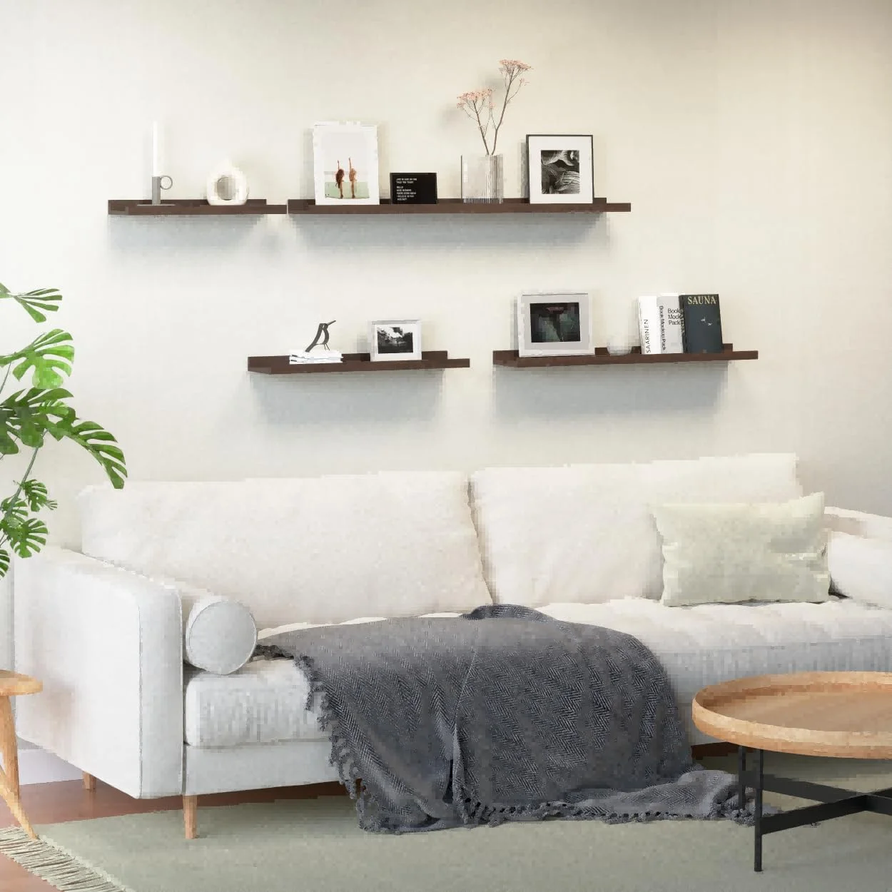 ست دو عددی شلف دیواری شناور Boswillon، شلف دیواری روستایی برای نگهداری با لبه، شلف لبه دار برای نمایش عکس برای دکور دیوار اتاق خواب، اتاق نشیمن، حمام، آشپزخانه - گردویی