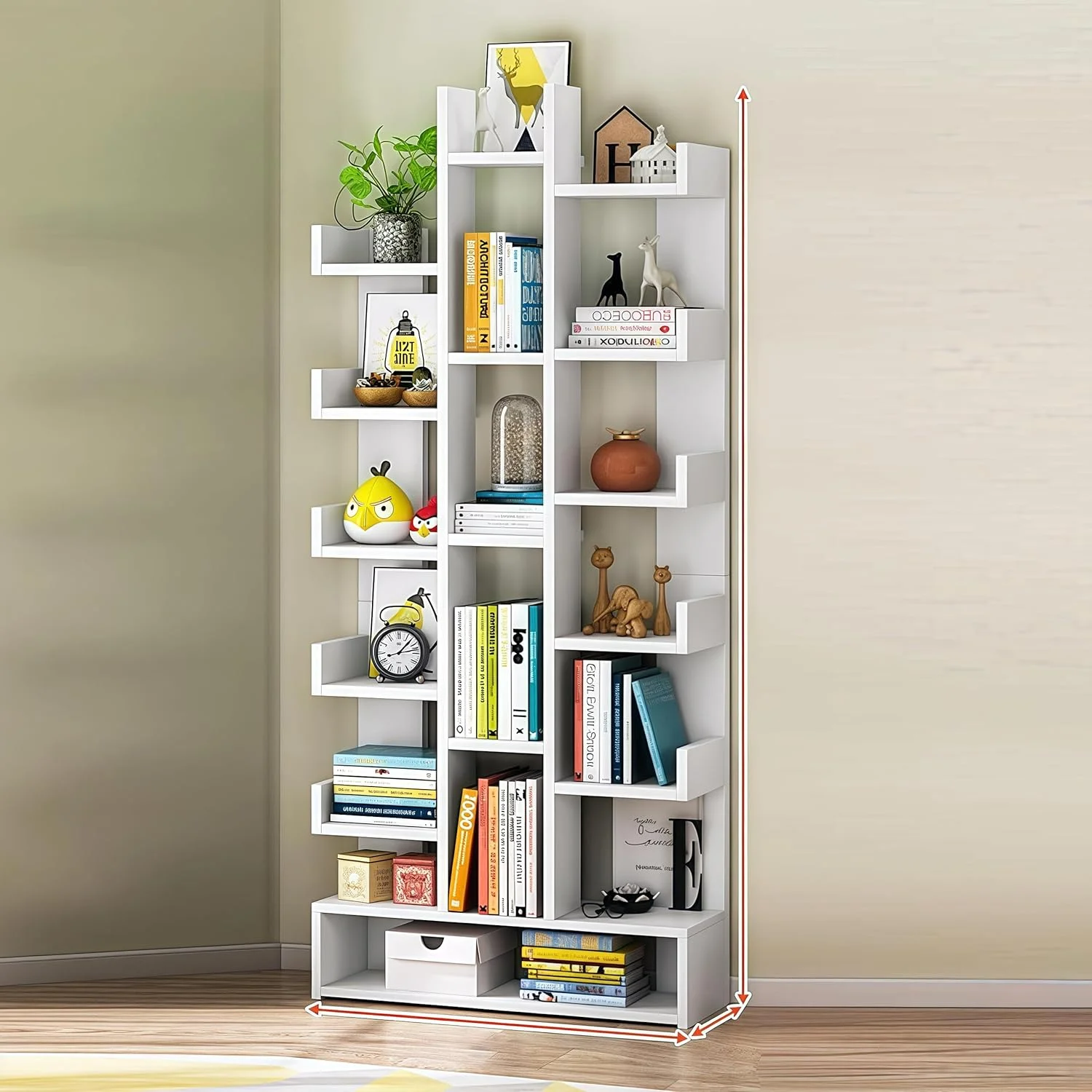 کتابخانه‌های JOMILA، کتابخانه ایستاده زمینی به شکل درخت، قفسه‌های کتاب باز ایستاده، قفسه‌های نمایشگر 18 طبقه، قفسه کتاب، قفسه ذخیره چوبی، قفسه سازمان‌دهنده، سفید (سفید، 50 * 18 * 169 سانتی‌متر)