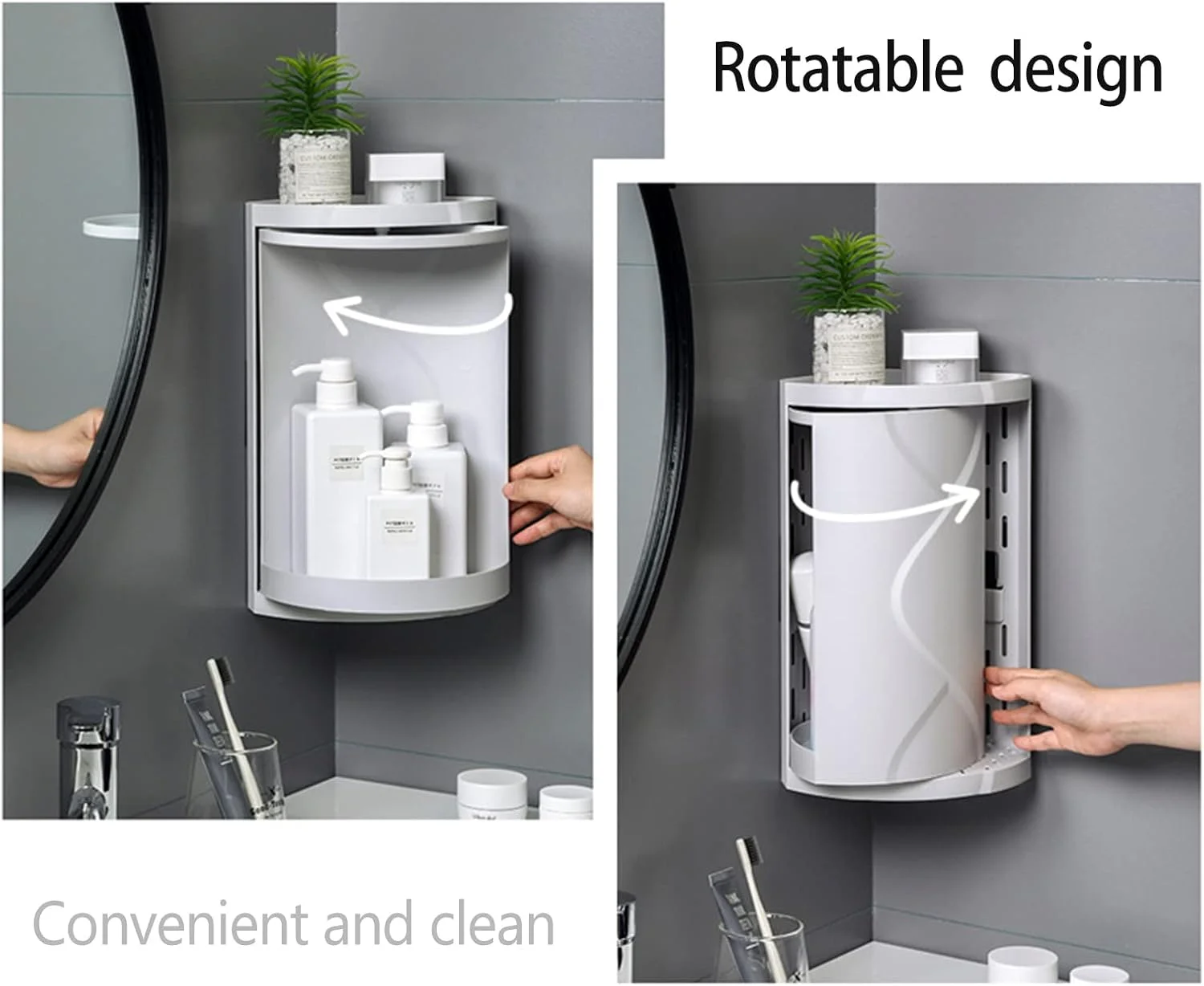 قفسه مثلثی چرخان Aminery، قفسه ذخیره سازی دو لایه 360 درجه حمام کوچک، سازمان دهنده گوشه دوش، کابینت نگهداری لوازم آرایشی، نگهدارنده حمام (چرخان)