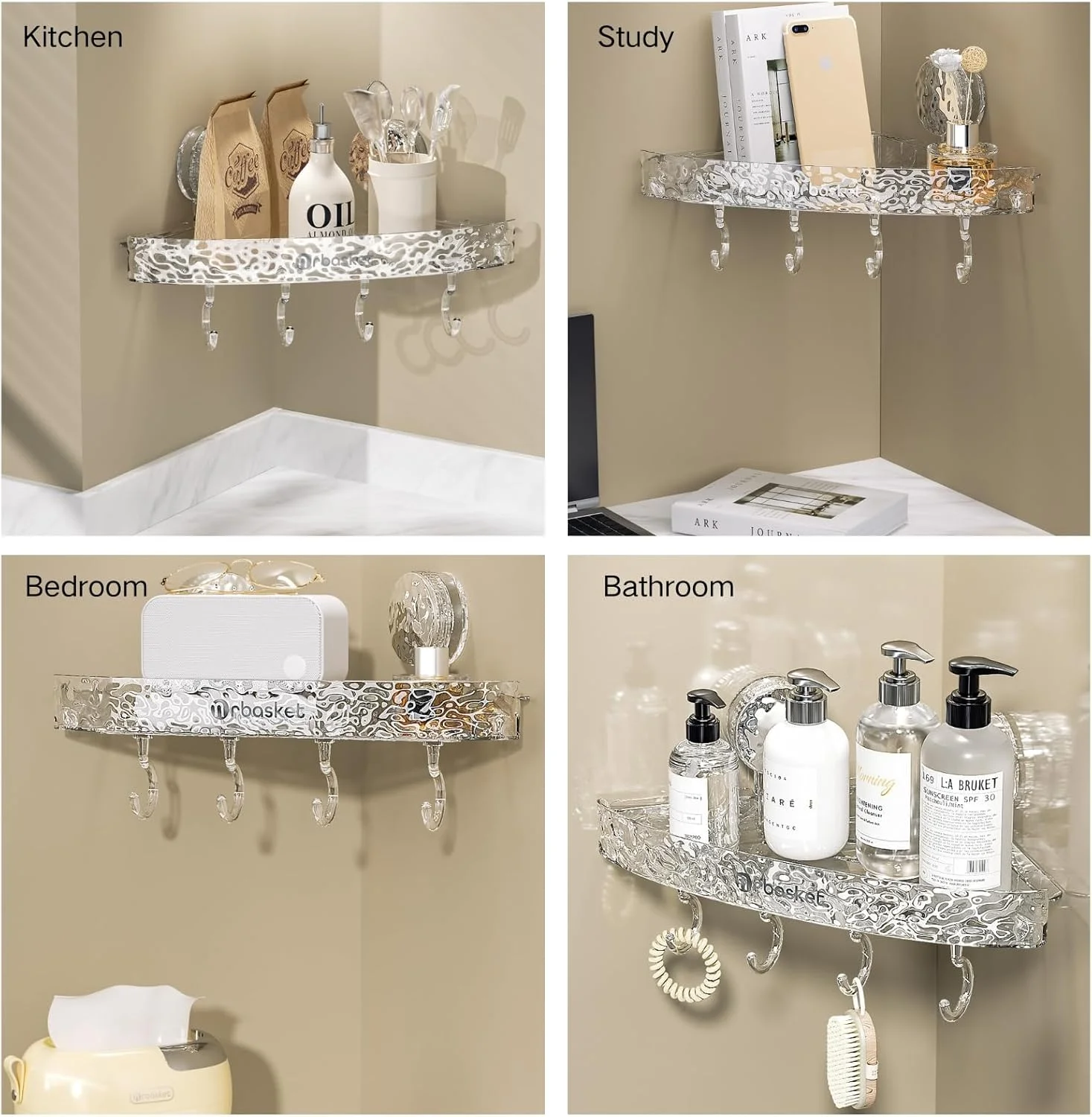 قفسه کنجی و قفسه دیواری بدون نیاز به دریل - سازمان دهنده ضد آب قفسه دوش، قفسه حمام مدرن قابل جابجایی با 4 قلاب، قفسه دوش صرفه جویی در فضا برای حمام و آشپزخانه (1 عدد، نصب آسان)