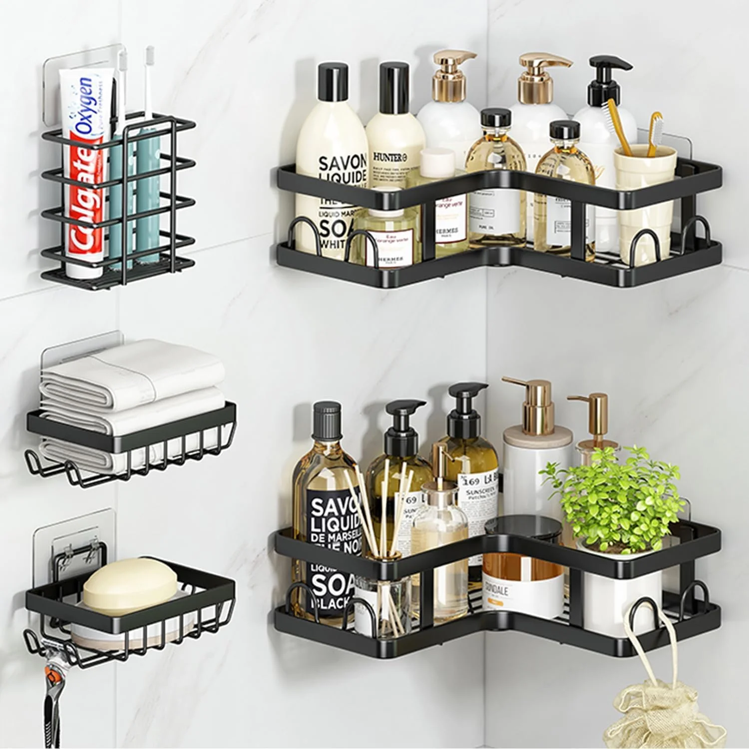 پک 5 عددی قفسه گوشه حمام، سازمان دهنده چسبی حمام، قفسه حمام با 16 قلاب، ظرفیت بزرگ، قفسه ضد زنگ استیل ضد زنگ برای داخل حمام و نگهداری حمام و دکوراسیون منزل، مشکی