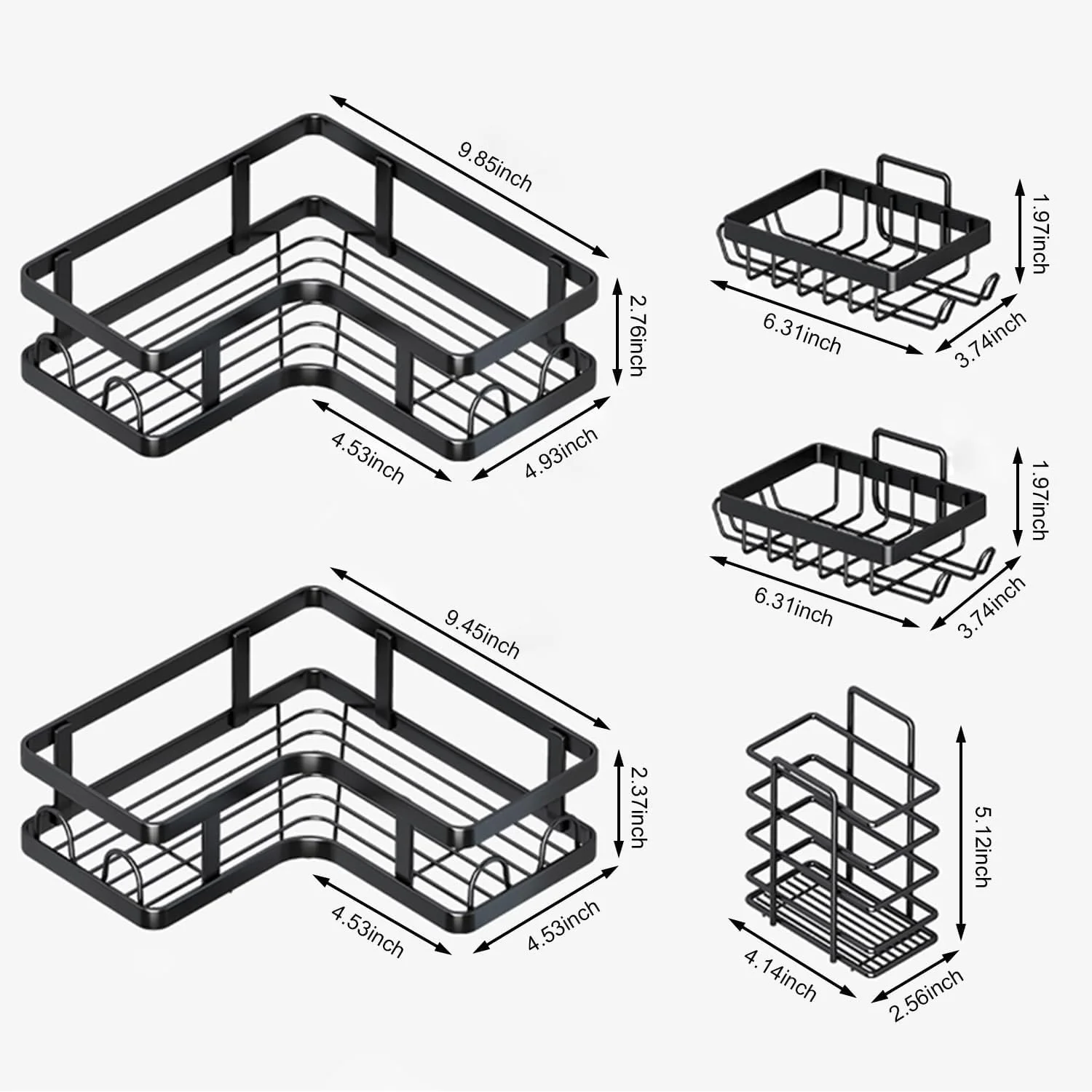 پک 5 عددی قفسه گوشه حمام، سازمان دهنده چسبی حمام، قفسه حمام با 16 قلاب، ظرفیت بزرگ، قفسه ضد زنگ استیل ضد زنگ برای داخل حمام و نگهداری حمام و دکوراسیون منزل، مشکی