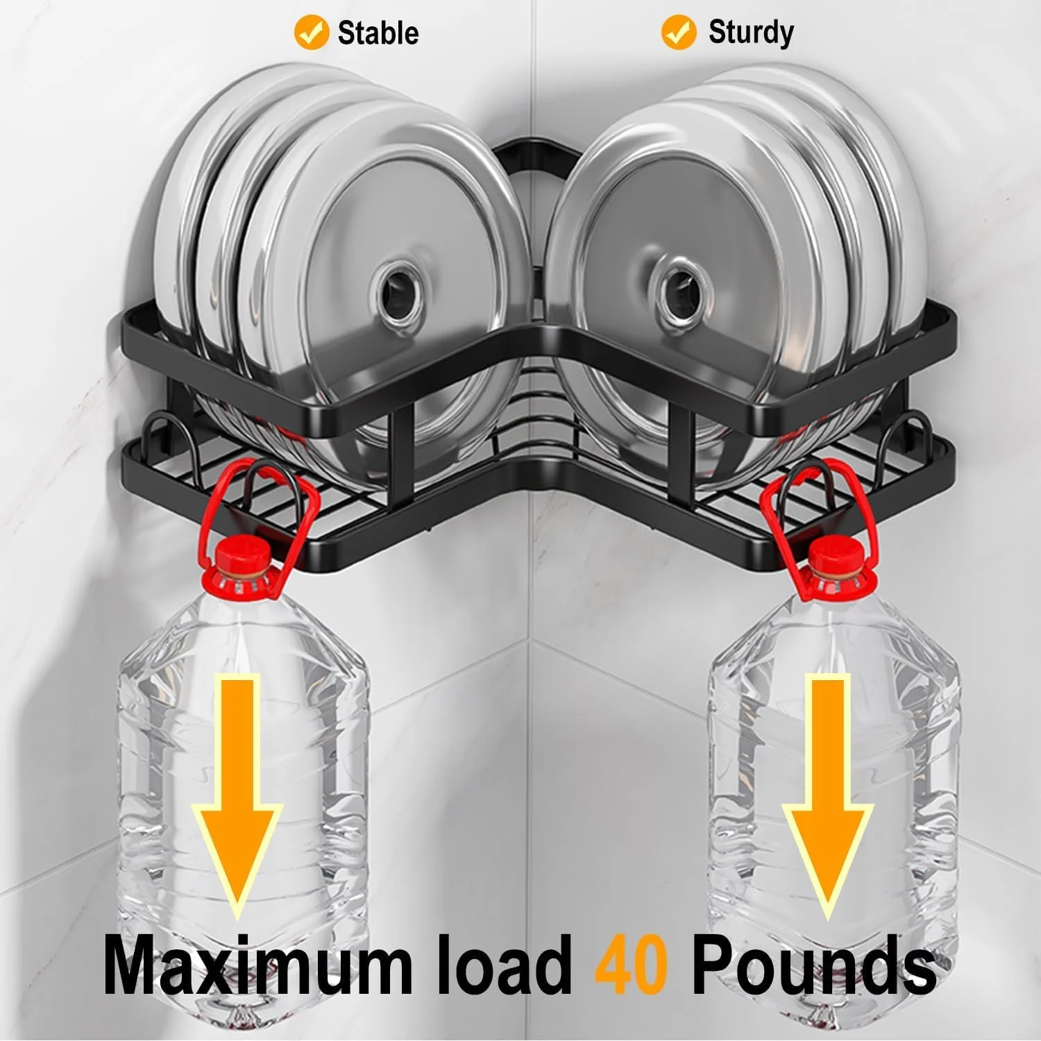 پک 5 عددی قفسه گوشه حمام، سازمان دهنده چسبی حمام، قفسه حمام با 16 قلاب، ظرفیت بزرگ، قفسه ضد زنگ استیل ضد زنگ برای داخل حمام و نگهداری حمام و دکوراسیون منزل، مشکی