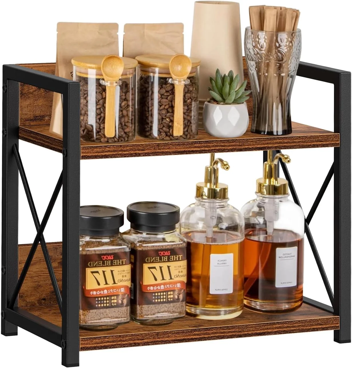 ارگانایزر قفسه ادویه دو طبقه روستیک Exrp، نصب روی میز، قفسه طبقه ای، 2 قفسه، بزرگ، چوب، نئوپان، آهن، روکش مات، مقاوم در برابر آب، ارگانایزر قفسه قهوه
