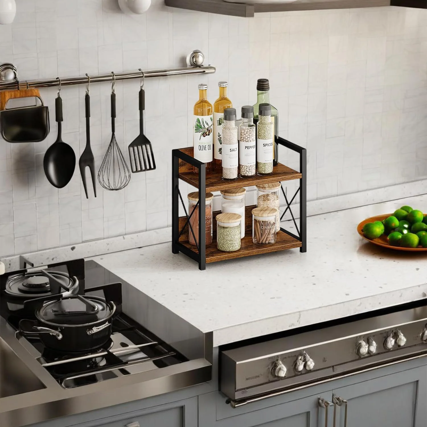 ارگانایزر قفسه ادویه دو طبقه روستیک Exrp، نصب روی میز، قفسه طبقه ای، 2 قفسه، بزرگ، چوب، نئوپان، آهن، روکش مات، مقاوم در برابر آب، ارگانایزر قفسه قهوه