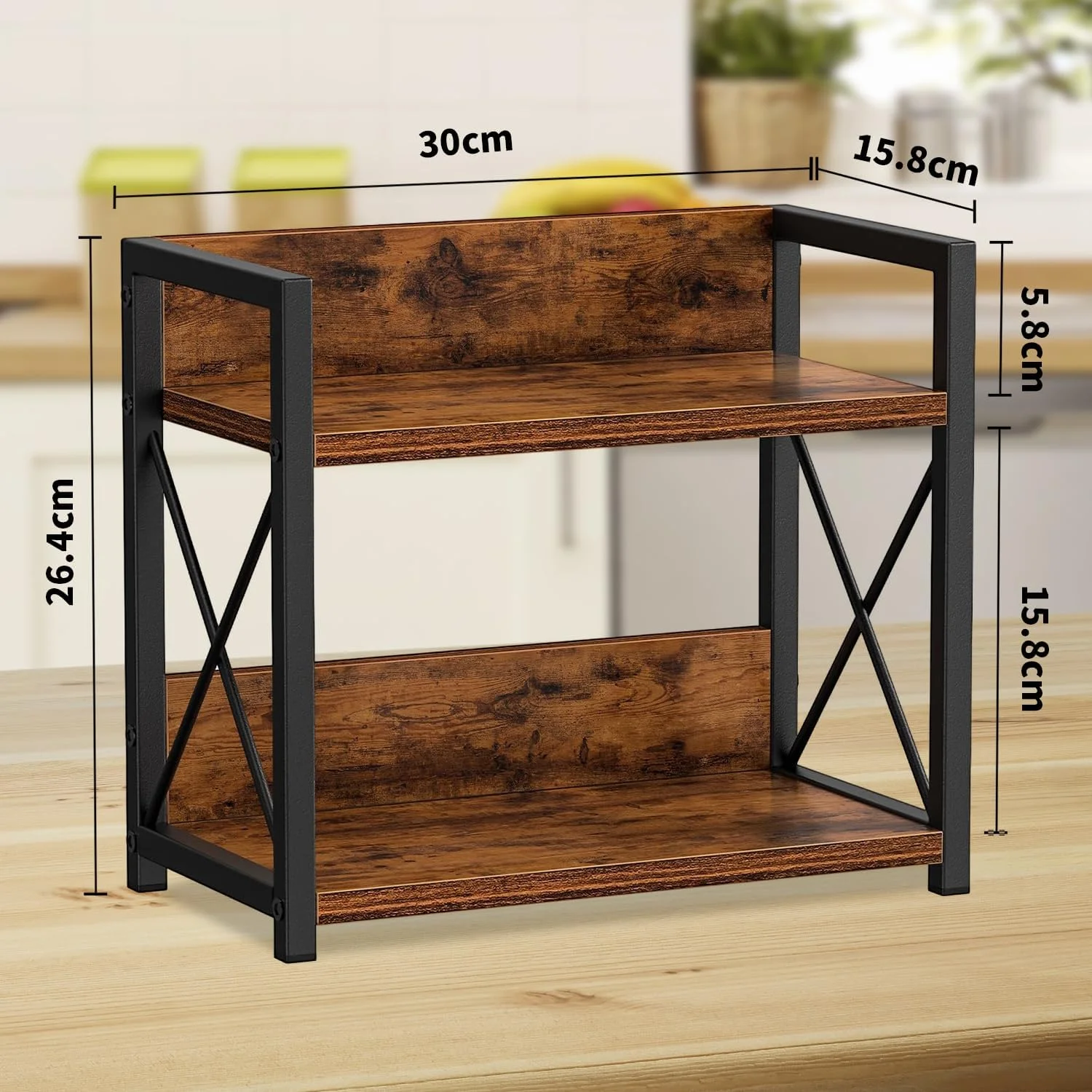 ارگانایزر قفسه ادویه دو طبقه روستیک Exrp، نصب روی میز، قفسه طبقه ای، 2 قفسه، بزرگ، چوب، نئوپان، آهن، روکش مات، مقاوم در برابر آب، ارگانایزر قفسه قهوه