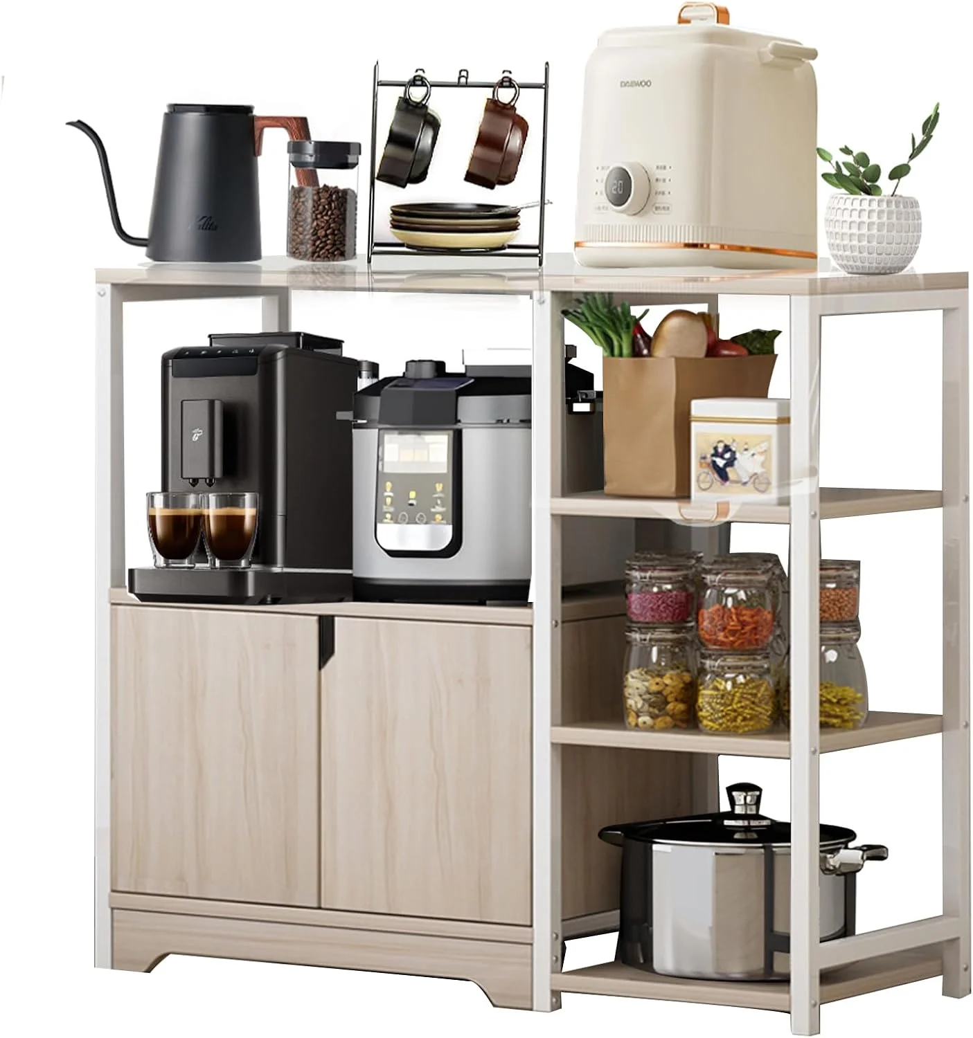 قفسه آشپزخانه خانگی ZUIHAO با کابینت دارای در و قفسه، پایه چوبی 3 طبقه اجاق مایکروویو، قفسه های ذخیره سازی مستقل برای آشپزخانه، حمام، خانه، اتاق نشیمن، بژ