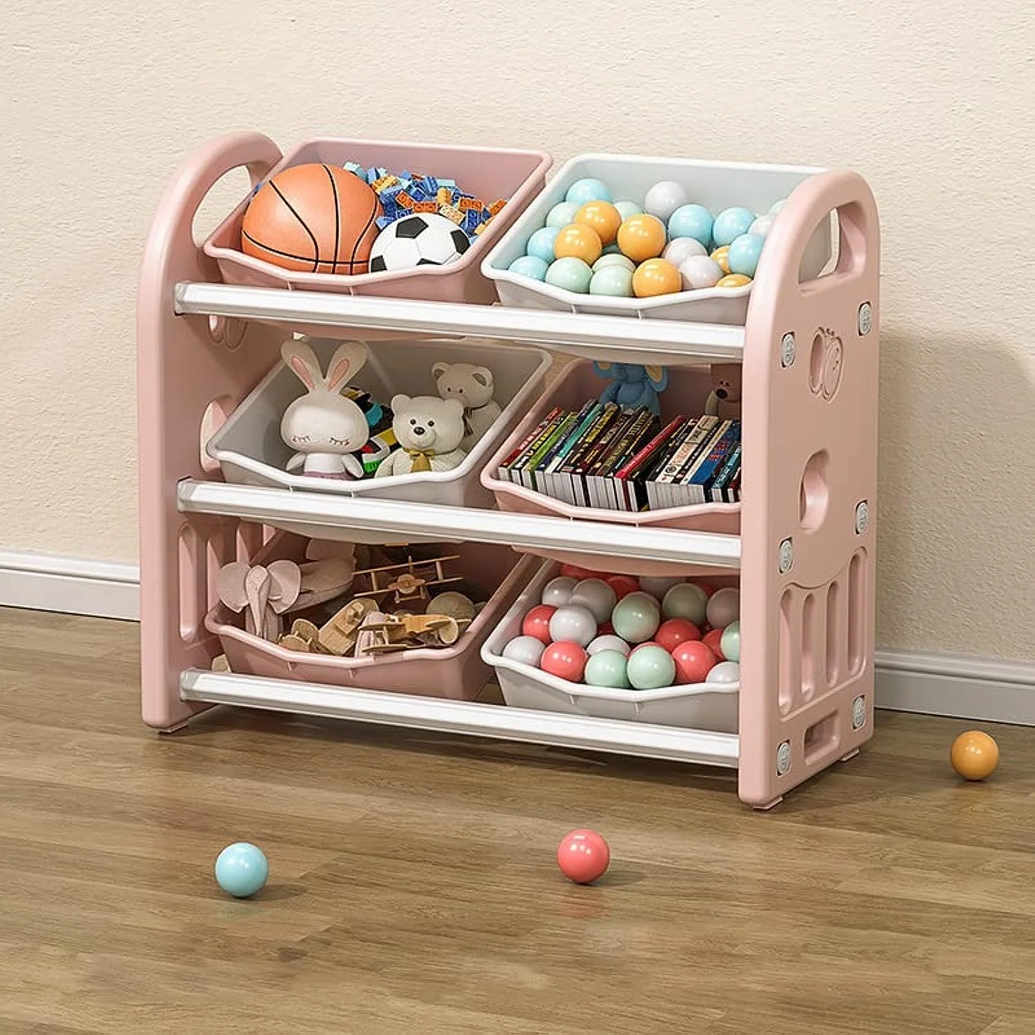 ارگانایزر اسباب بازی چند محفظه ای کودکان، سطل های ذخیره سازی TAME، جعبه اسباب بازی، قفسه ذخیره سازی 3 لایه کودکان با 6 سطل برای دختران و پسران در اتاق خواب، اتاق بازی، اتاق نشیمن (صورتی)
