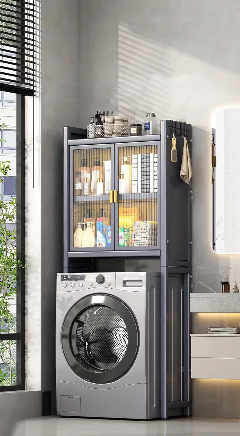کابینت ذخیره سازی بالای ماشین لباسشویی رویال پولار، قفسه توالت، سازمان دهنده فضای ذخیره سازی اتاق لباسشویی، درب مغناطیسی، قفسه های قابل تنظیم ارتفاع، مونتاژ آسان، بدون نیاز به سوراخ کاری