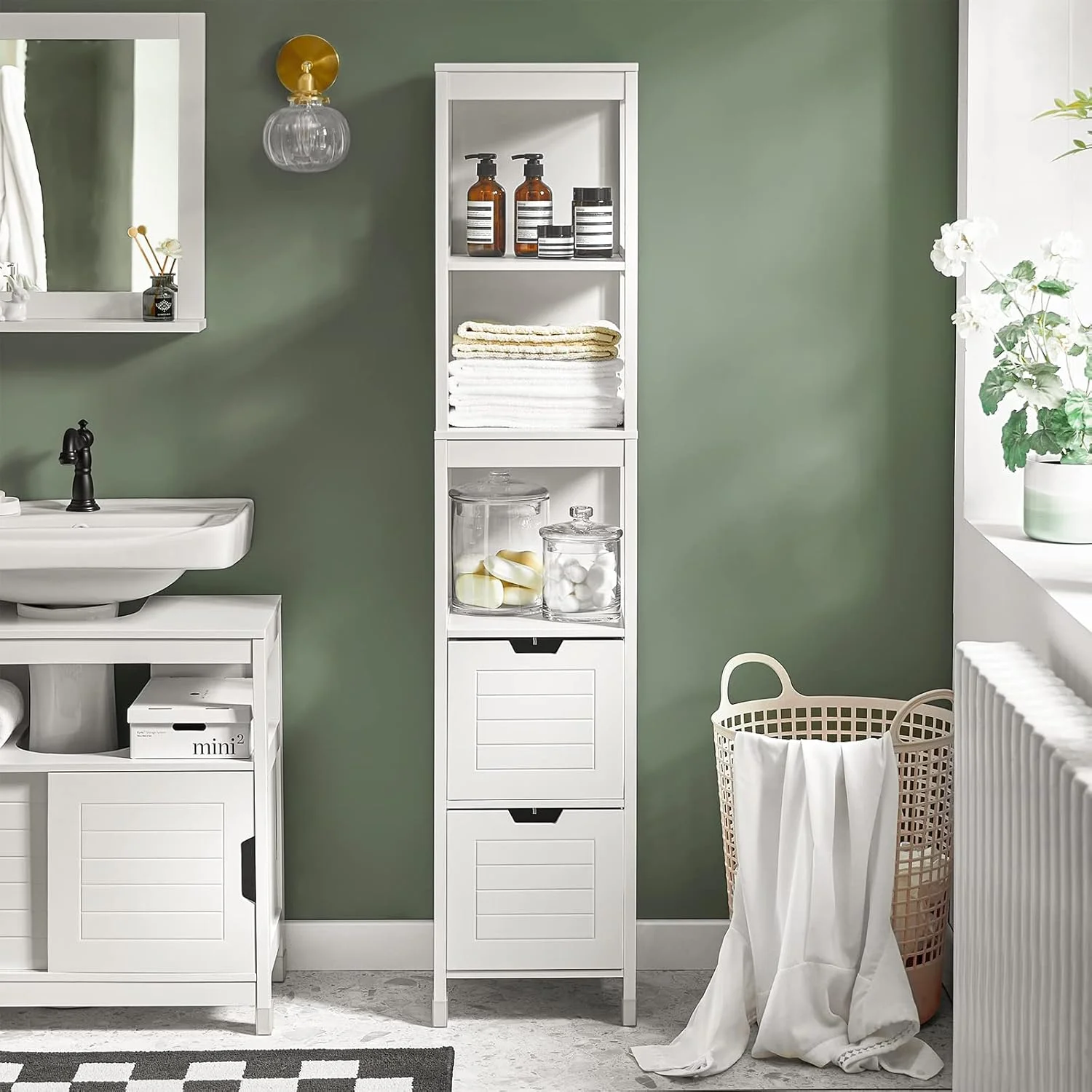 کابینت ذخیره سازی حمام SoBuy، کابینت قفسه دار 3 طبقه با 2 کشو، قفسه سازمان دهنده بلند، گوشه کمد باریک برای اتاق نشیمن، آشپزخانه، 30x30x144 سانتی متر خزانة تخزينFRG126-W کابینت ذخیره سازی حمام SoBuy، کابینت قفسه دار 3 طبقه با 2 کشو، قفسه سازمان دهنده بلند، گوشه کمد باریک برای اتاق نشیمن، آشپزخانه، 30x30x144 سانتی متر خزانة تخزينFRG126-W