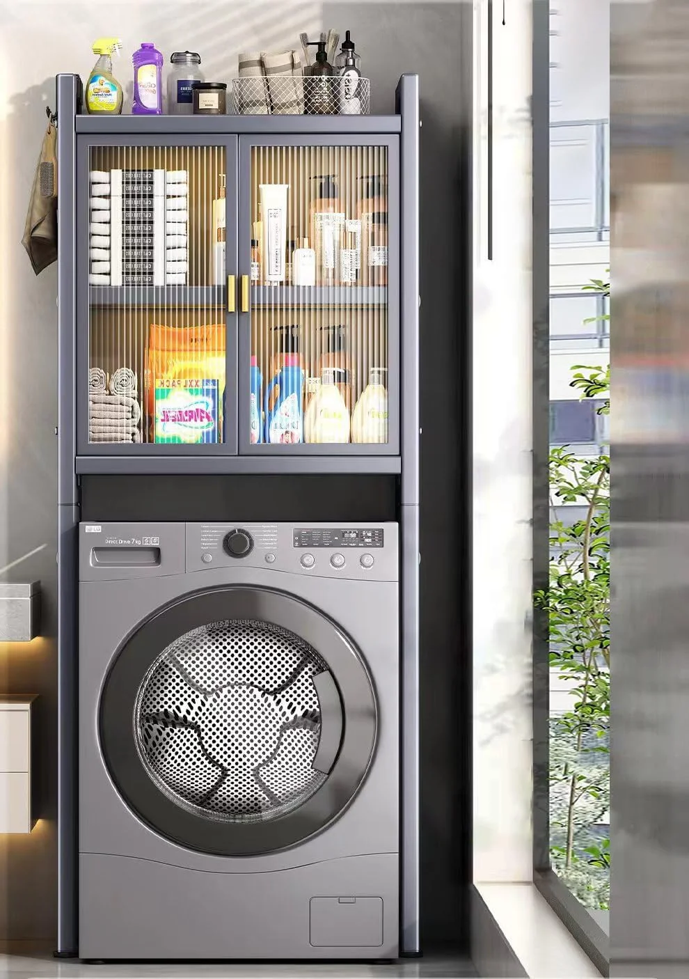 کابینت ذخیره سازی بالای ماشین لباسشویی رویال پولار، قفسه توالت، سازمان دهنده فضای ذخیره سازی اتاق لباسشویی، درب مغناطیسی، قفسه های قابل تنظیم ارتفاع، مونتاژ آسان، بدون نیاز به سوراخ کاری