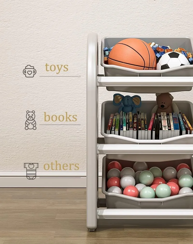 ارگانایزر اسباب بازی چند محفظه ای کودکان، سطل های ذخیره سازی TAME، جعبه اسباب بازی، قفسه ذخیره سازی 3 لایه کودکان با 6 سطل برای دختران و پسران در اتاق خواب، اتاق بازی، اتاق نشیمن (صورتی)
