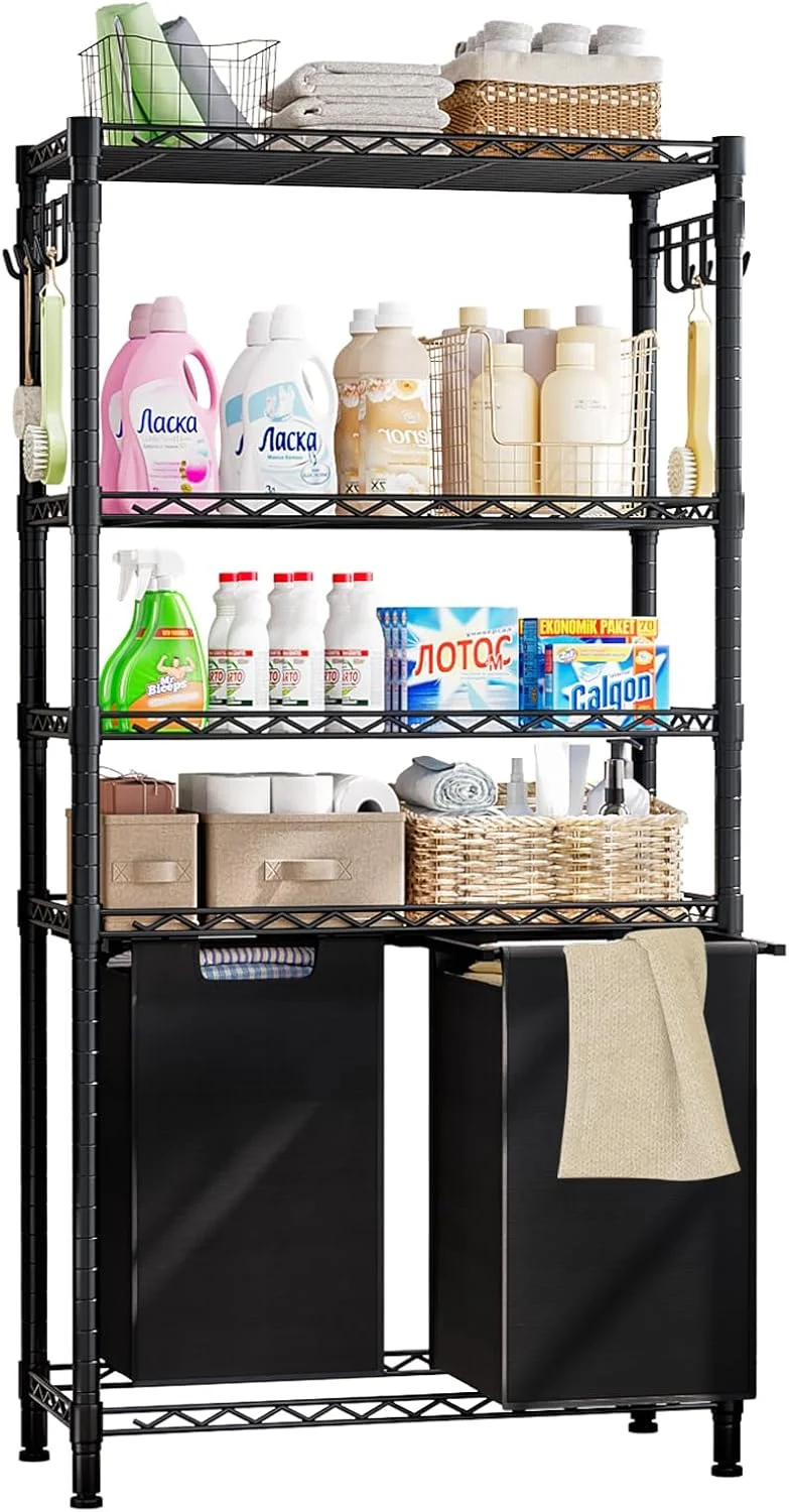 سبد لباس Solerconm با قفسه های 4 طبقه، سبدهای سازمان دهنده سبد لباس، مرتب کننده لباس با کیسه های لباس قابل جابجایی و کشویی (مشکی، 72.5 x 31.5 x 156 سانتی متر)