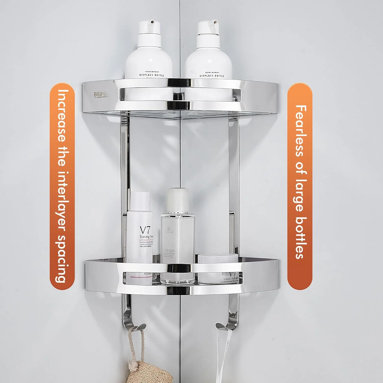 شلف حمام BRIMIX SUS 304 استیل ضد زنگ، قفسه دوش دیواری، قفسه گوشه ای سازمان دهنده دوش