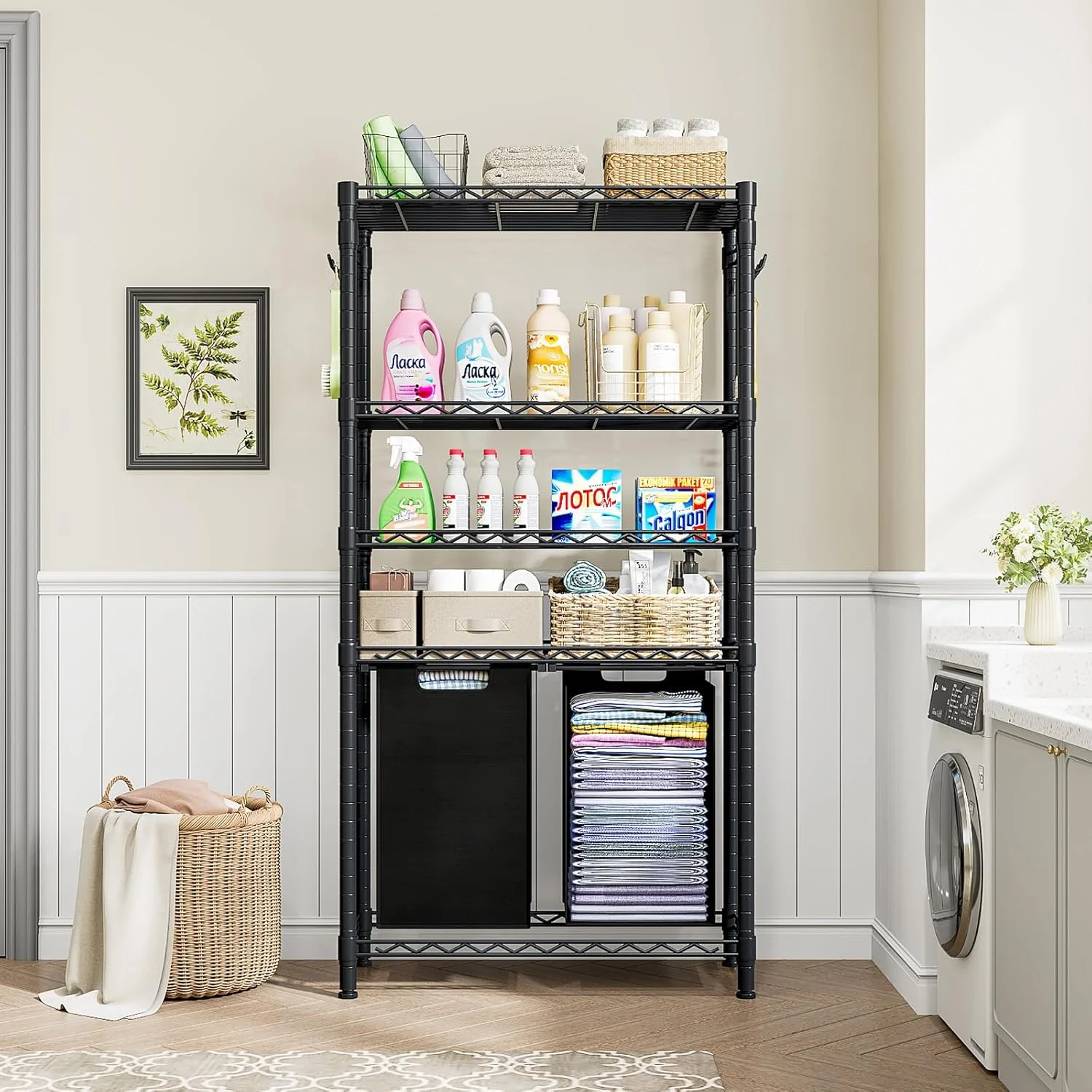 سبد لباس Solerconm با قفسه های 4 طبقه، سبدهای سازمان دهنده سبد لباس، مرتب کننده لباس با کیسه های لباس قابل جابجایی و کشویی (مشکی، 72.5 x 31.5 x 156 سانتی متر)