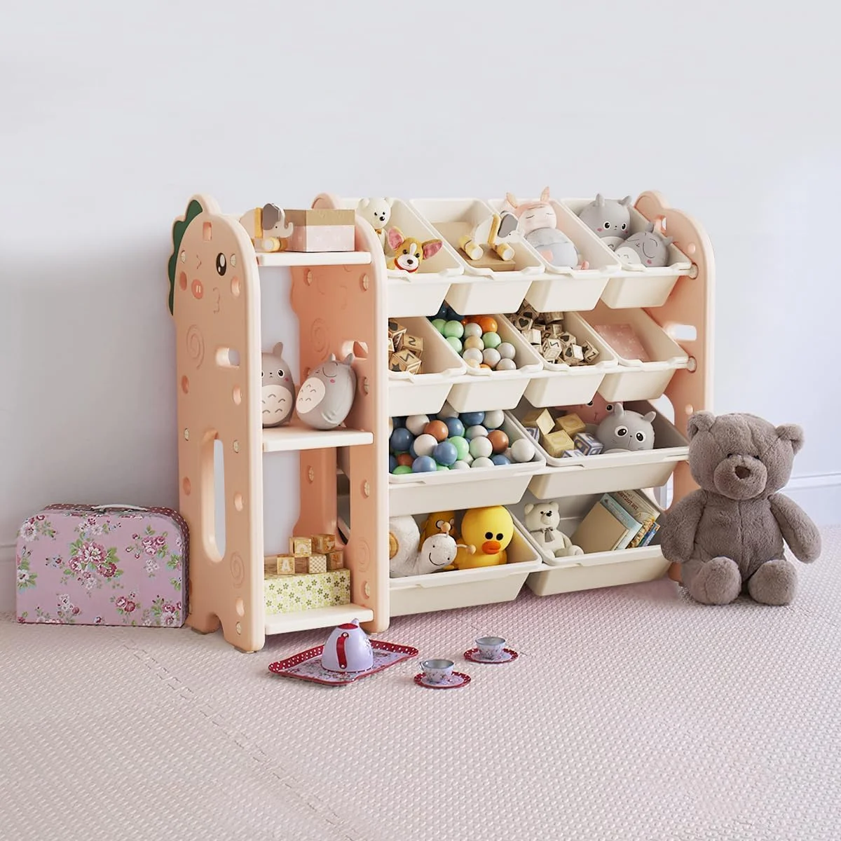 ارگانایزر اسباب بازی Solerconm، ارگانایزر ذخیره سازی کودکان برای اسباب بازی ها، مبلمان اتاق خواب کودک نوپا برای اسباب بازی ها (مدل A، دایناسور صورتی)