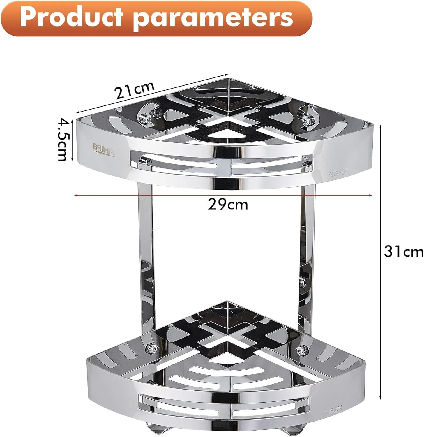شلف حمام BRIMIX SUS 304 استیل ضد زنگ، قفسه دوش دیواری، قفسه گوشه ای سازمان دهنده دوش