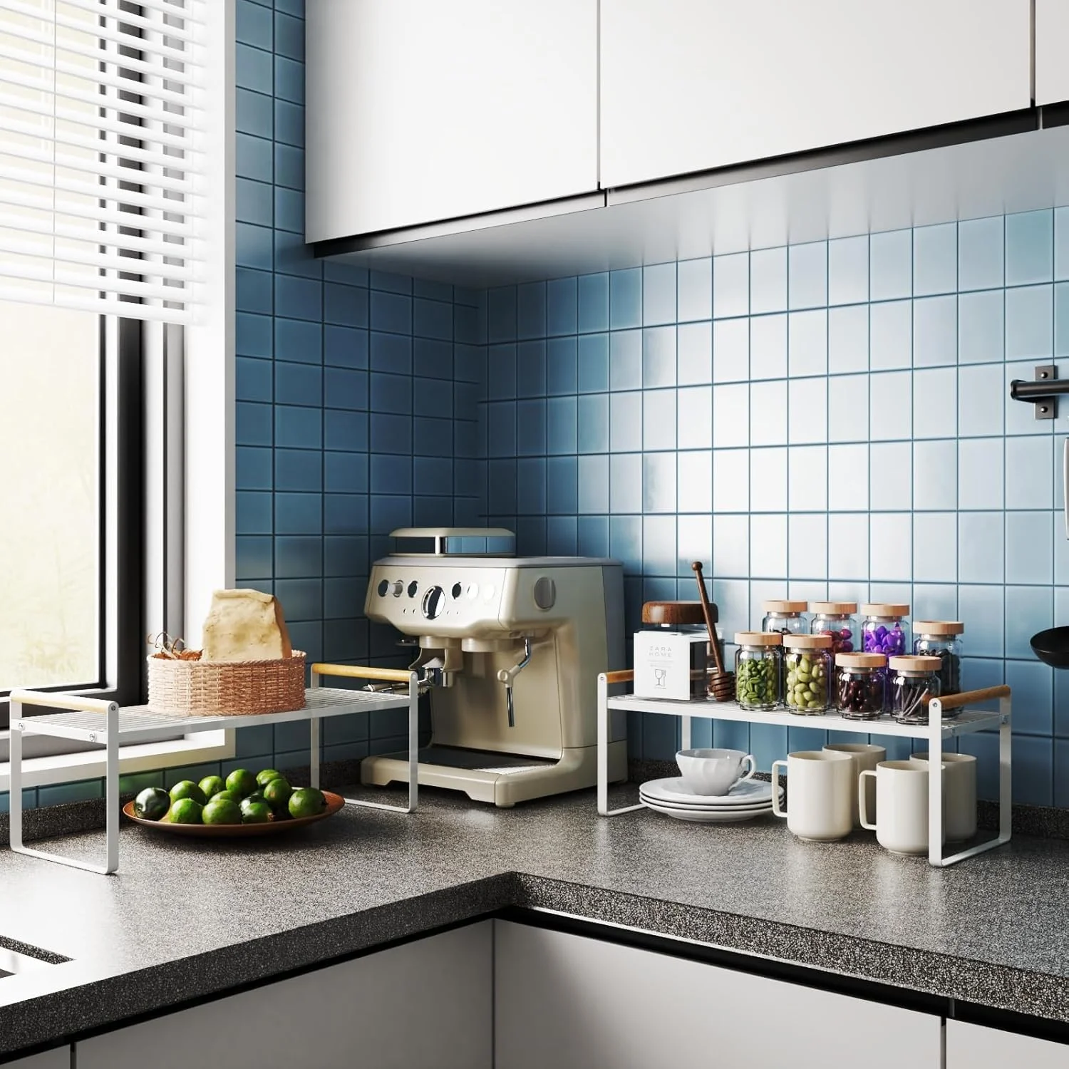 قفسه کابینت آشپزخانه Diylove، قفسه ادویه ایستاده کابینت، قفسه کابینت، سازمان دهنده پیشخوان قابل انباشت و مناسب برای خانه، انبار و نگهداری آشپزخانه (سفید 1 طبقه)